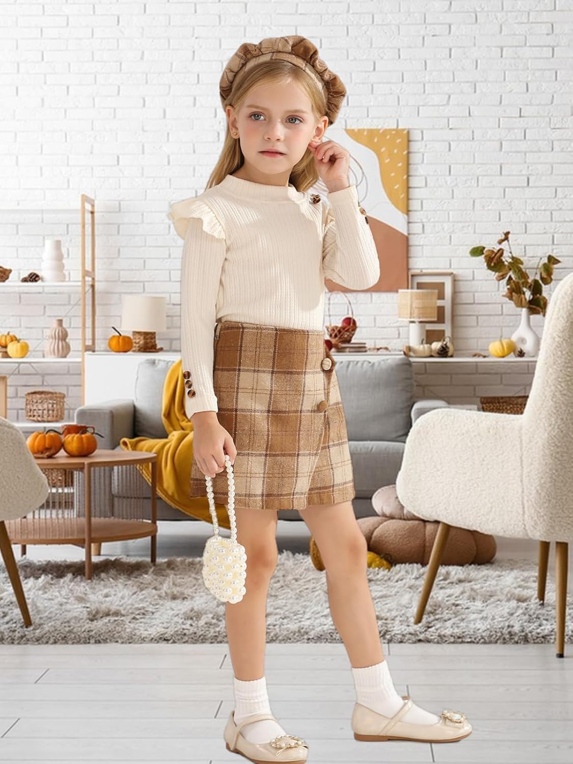 Patgoal Toddler Girls Fall Winter Clothes 3 Piece Outfits Kids Long Sleeve Ribbed Knit T Shirt Sweater Plaid Mini Skirt Set - Image 2