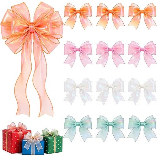 12Pcs Iridescent Sheer Organza Ribbon, 120 Yards Total (2.4" x 10Yards), 4 Colors Chiffon Decorative Ribbon for Gift Wrapping, Bows, Bouquets, Wedding & DIY Crafts (Pink/White/Orange/Green)
