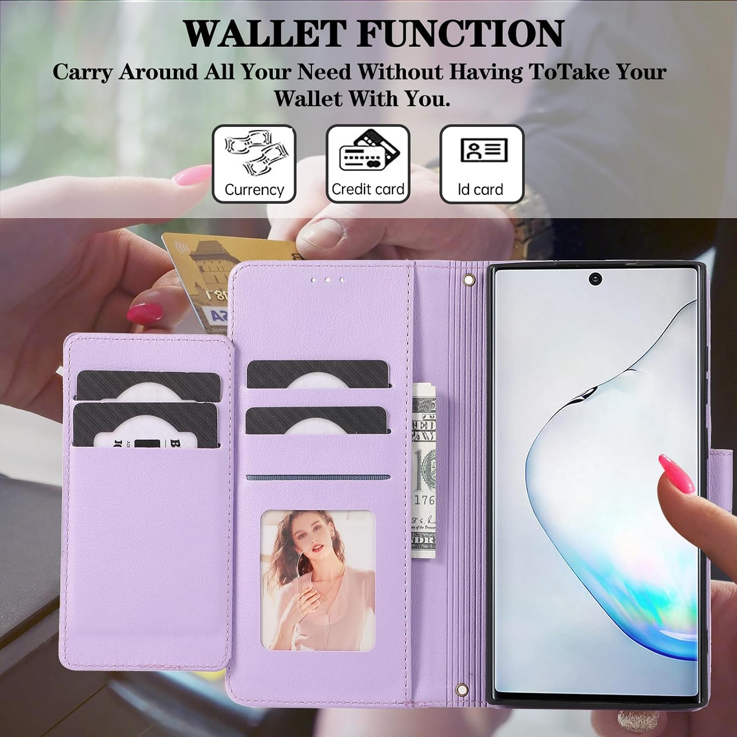 Compatible with Samsung Galaxy Note 10 Plus Note10+ 5G Wallet Case Wrist Strap, Crossbody Strap, Mirror Flip Stand Cell Phone Cover for Note10 + Notes 10+ Ten Not S10 10Plus Women Men Purple