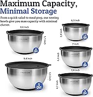 Vista 4 de Priority Chef Juego de tazones para mezclar de acero inoxidable con tapas, cuencos de metal con tapas herméticas, ralladores, base antideslizante