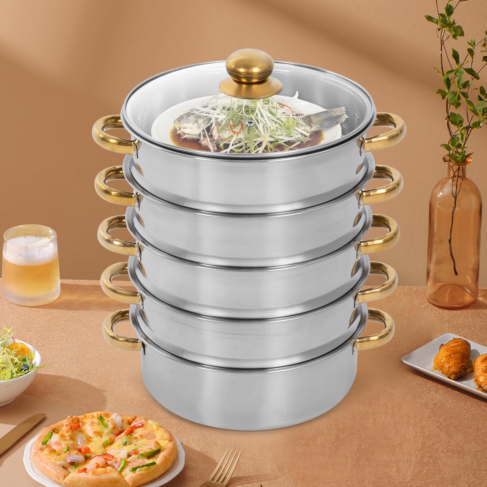 NAIXING 11.02 x 17.72 Inch 5-Tier Stainless Steel Steamer Cooking Pot Steam Soup Pots with Lid Steamer Pots Cookware Steaming Pots for Vegetable Dumpling Stock