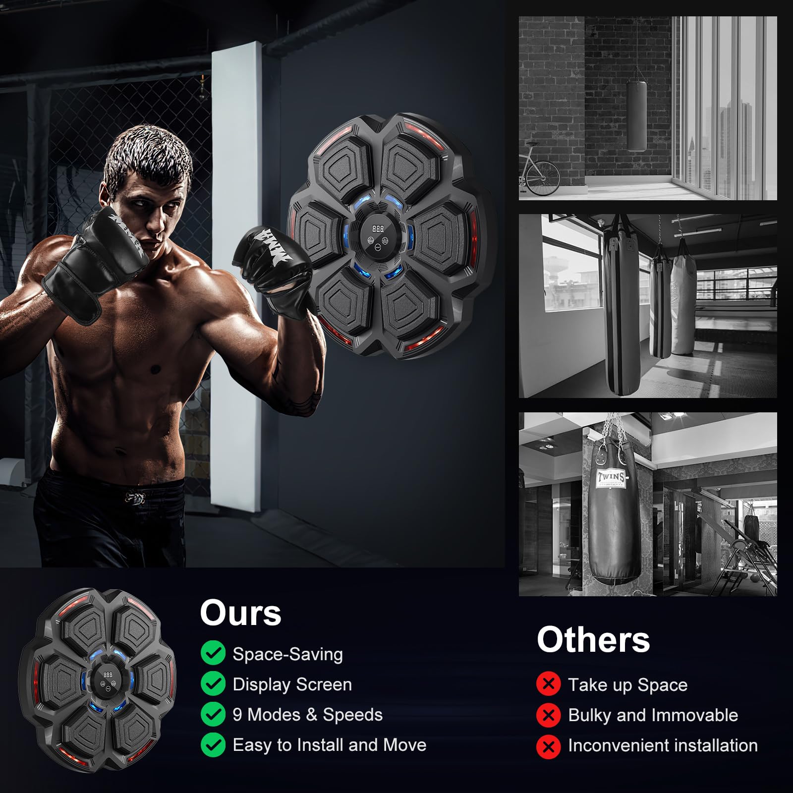FOOING Macchina da Pugilato Musicale, Smart Punching Machine con 9 Livelli di velocità e 9 modalità di Regolazione, Bluetooth e Luce LED, Attrezzatura per L'Allenamento con Guantoni Boxe