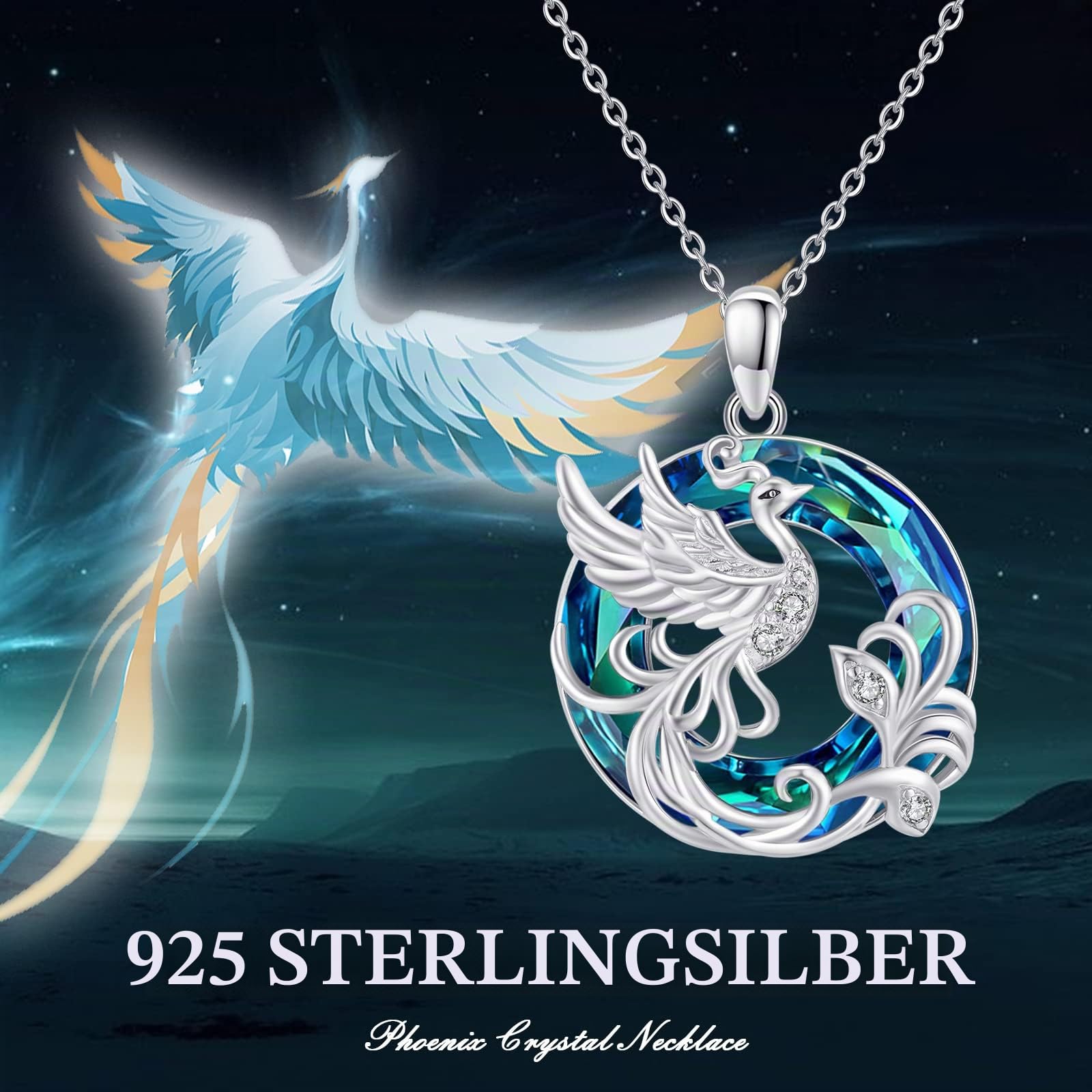925 Silber Phönix Halskette, Kristall Nirwana Anhänger für Damen | Phönixkette aus 925 Sterling Silber mit österreichischen Kristallen und Nirwana-Symbolik für Damen.