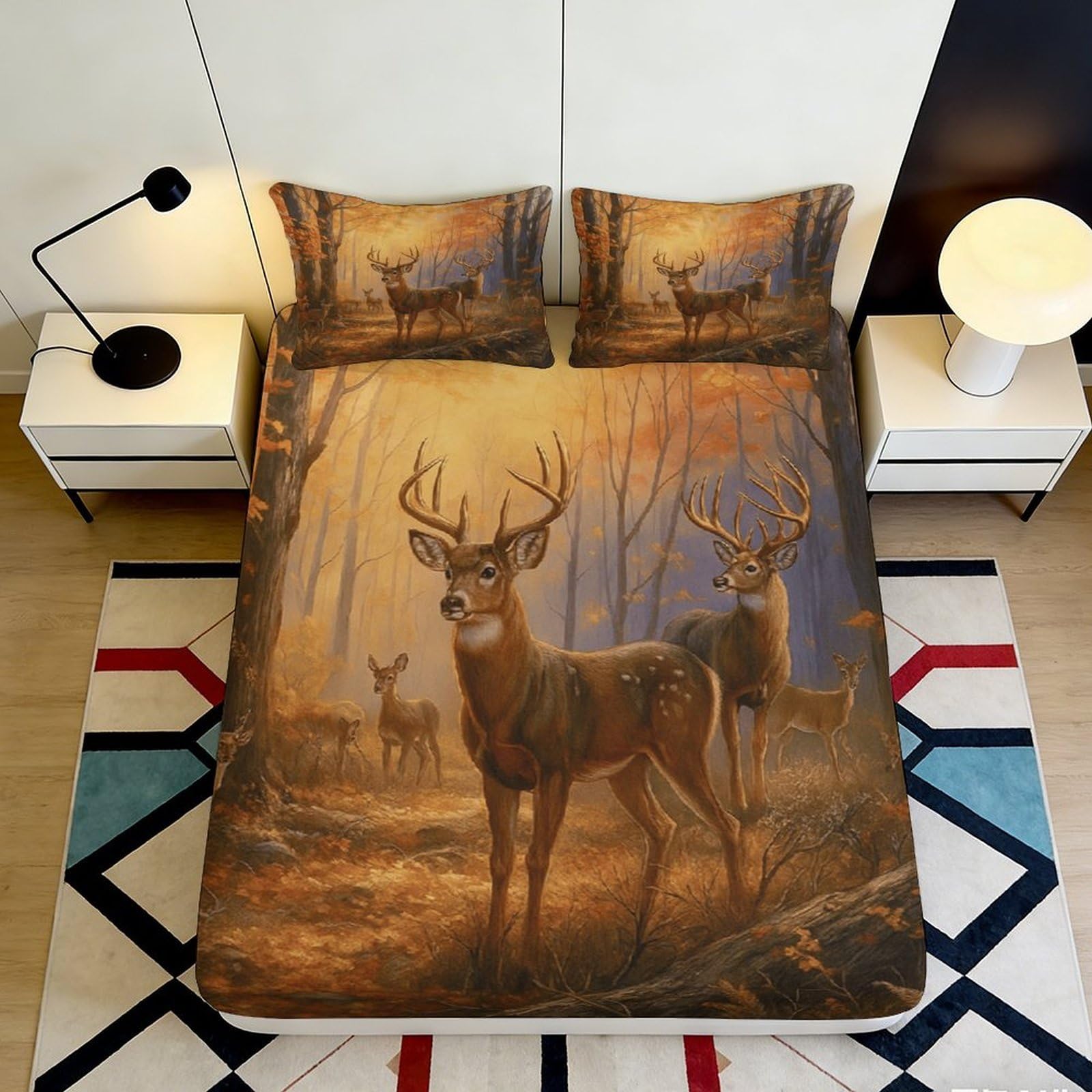 3D Printed Forest Deer Fitted Sheet Microfiber Soft Autumn Woodland Bed Cover for Bedroom Guest Room Decor 90x200x25cm