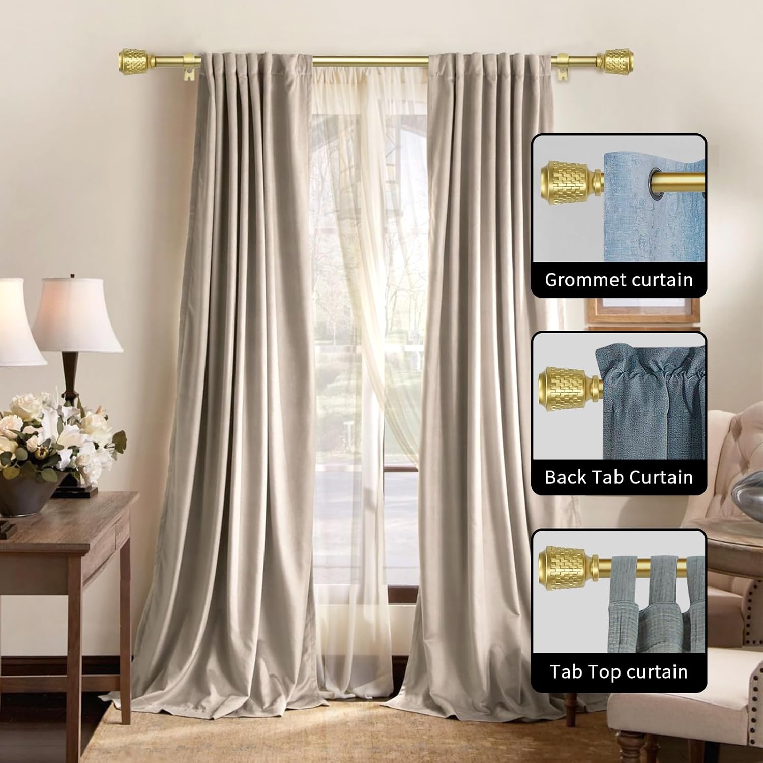 5/8" Double Curtain Rod with Vieve Finials (Gold, 84"-120")