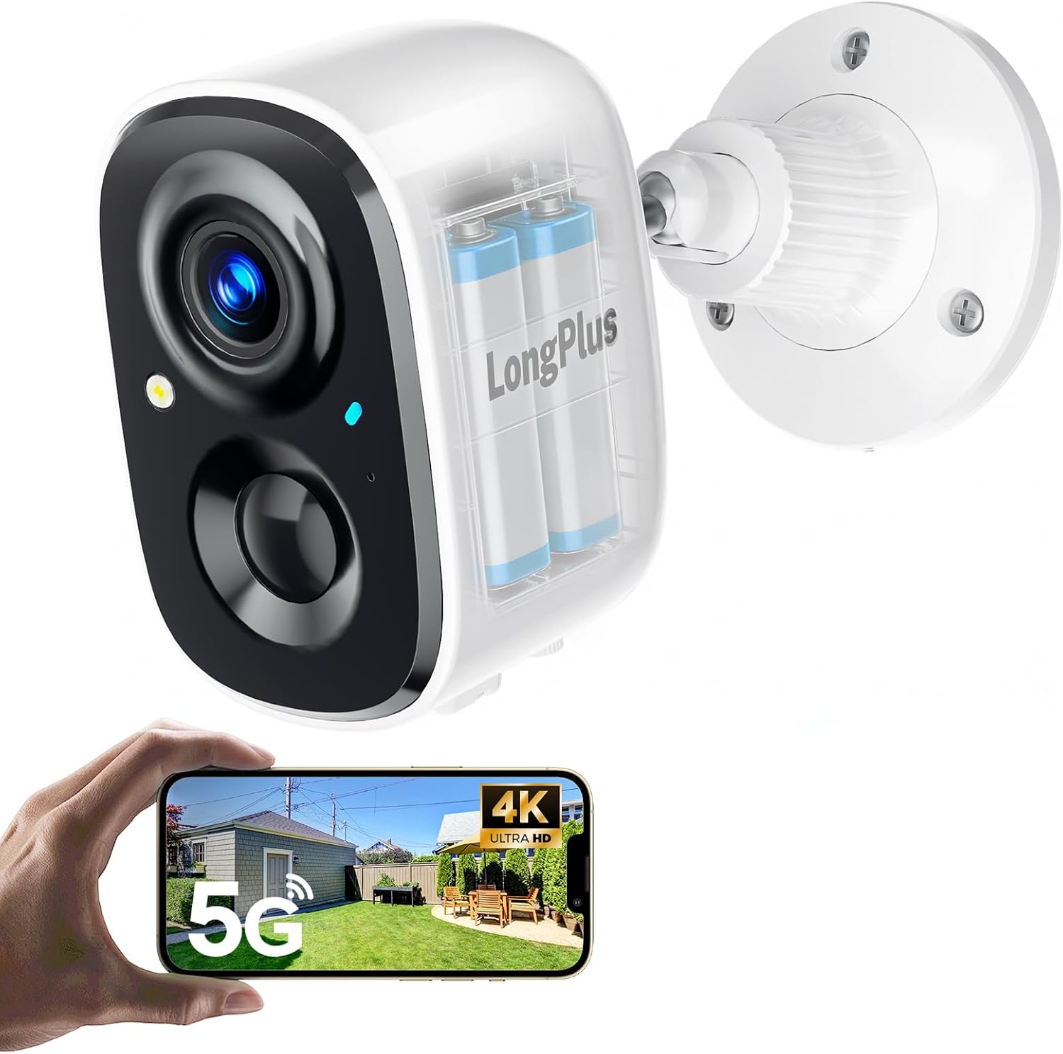 LongPlus 4K 8MP UHD Security Cameras Wireless Outdoor, Battery Smart Camera for Home Security, Support 2.4G/5GHz, 24/7 Recording, Color Night Vision, AI Motion Detection, Two-Way Audio, SD Card/Cloud