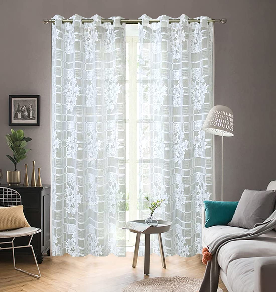 Weavers VillaPolyester Blend Floral Net Tissue Sheer Drape Grommet Ring Curtain - Pack of 2 (White, 5 Feet - Window)