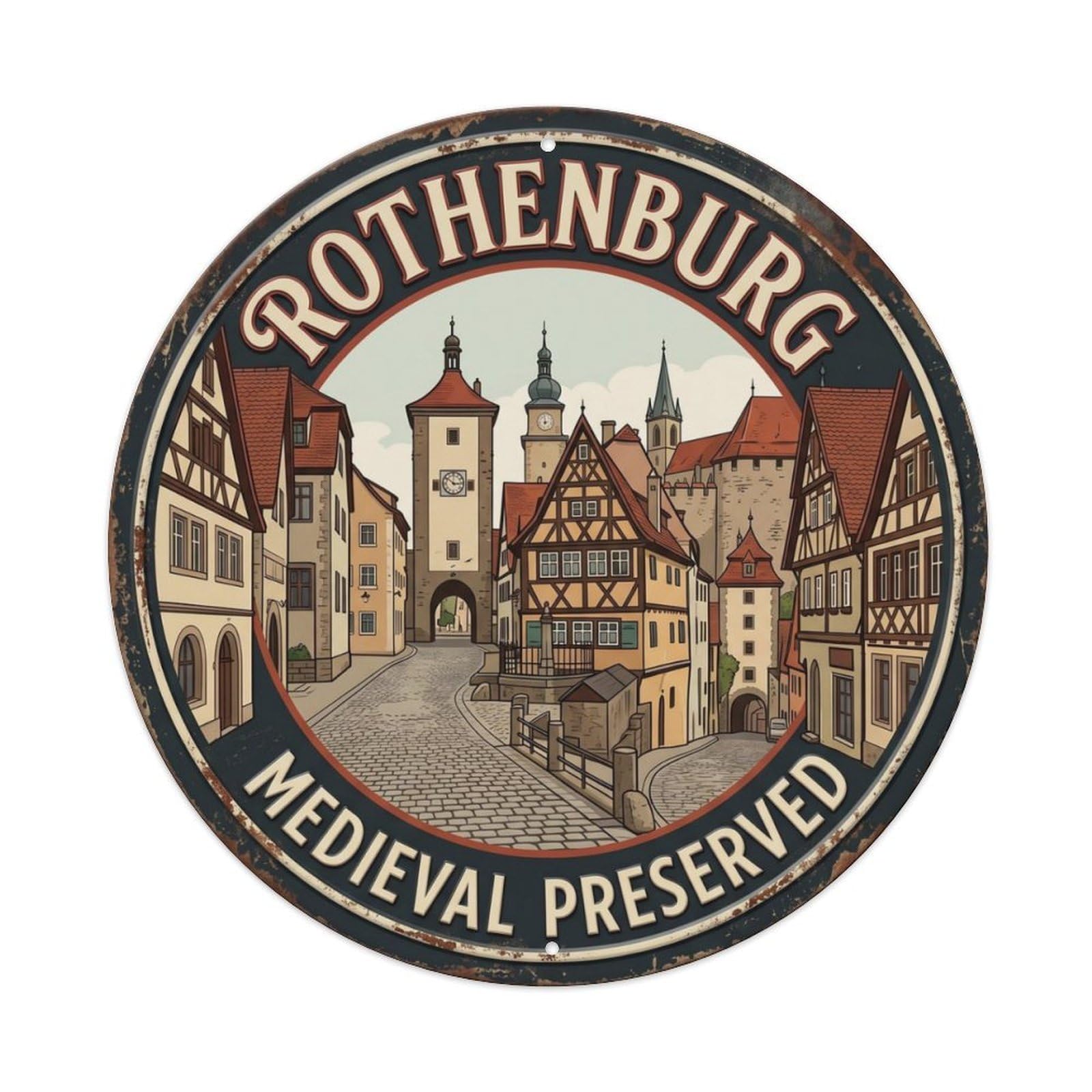 Rothenburg Medieval Preserved Germany Town Metal Tin Sign Plaque Wall Decor for Cafe, Club Bar, Office, Home Garden Round Metal Poster 8x8Inch