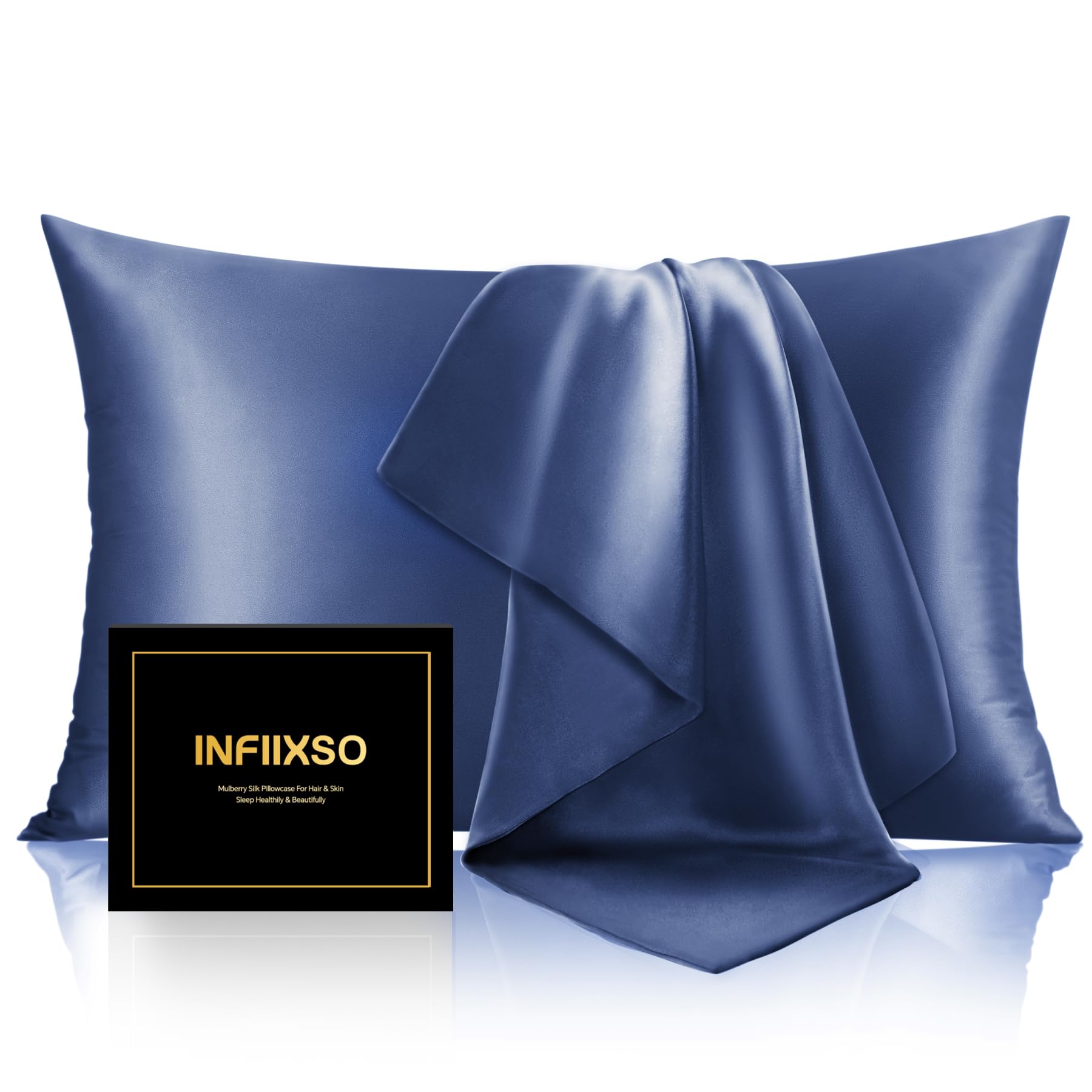 INFIIXSO Mulberry Silk Pillowcase for Hair and Skin, Silk Pillow Cases Standard Size with Hidden Zipper 20x26 Inches, Extraordinary Smooth and Soft Cooling Pillow Cases for Hot Sleepers(Navy, 1 Pack)