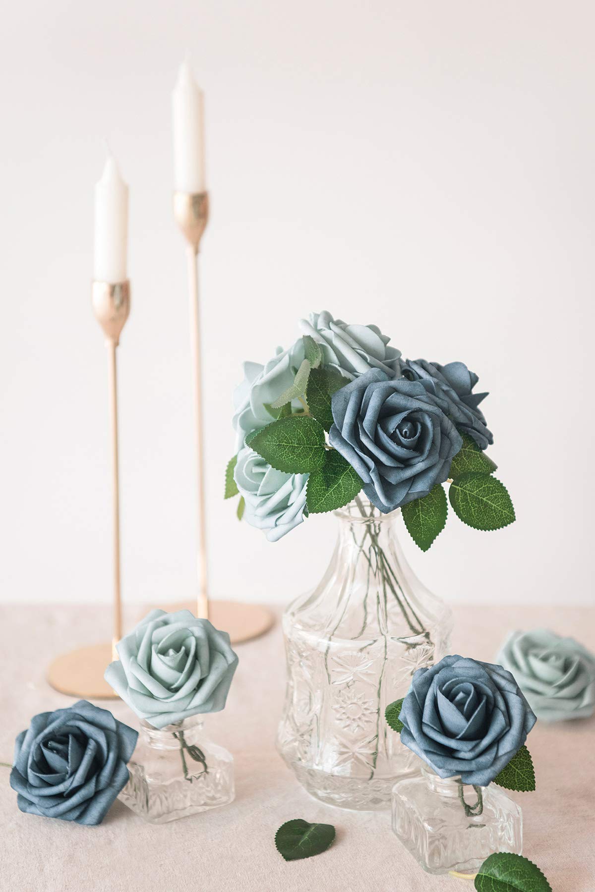 Ling's moment Roses Artificial Flowers 25pcs Realistic Dusty Blue Fake