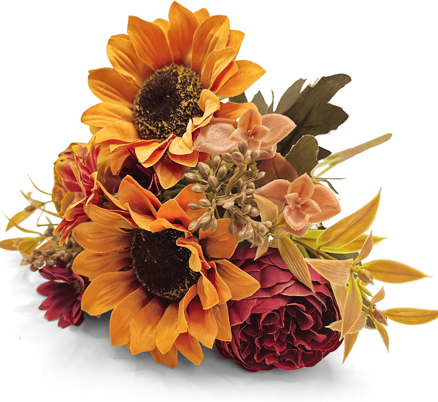 3Pcs Artificial Fall Flowers Faux Mums Sunflower Burgundy Fake Peony Silk Rose Hydrangea Flower for DIY Wedding Bridal Bouquet,Thanksgiving Party Table Centerpieces,Autumn Arrangement Vase Decoration