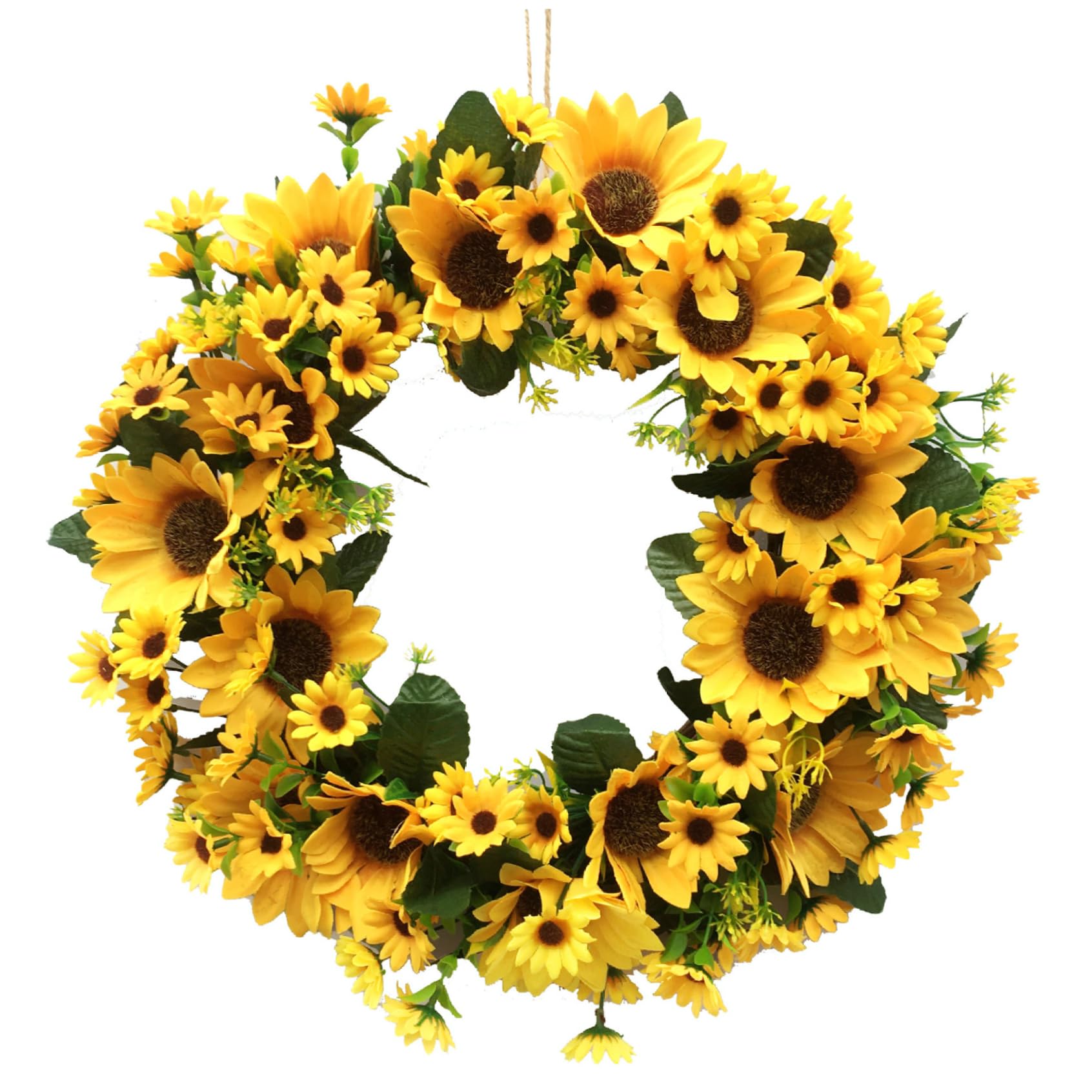 Licsaliwe Summer Wreath - Yellow Sunflower Green Leaves Garland, Artificial Flower Wreath for Front Door, 40cm