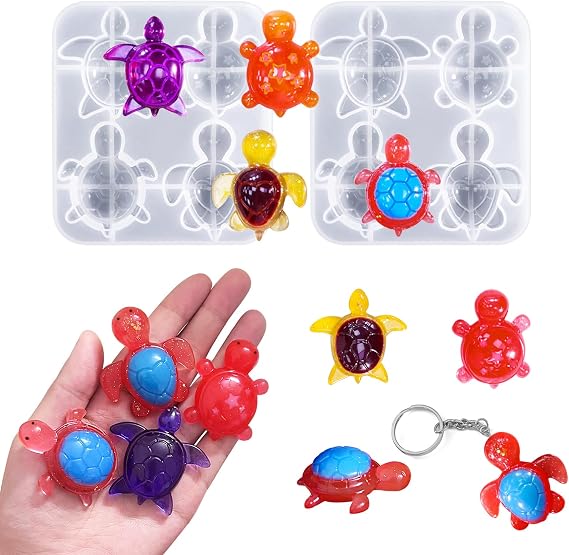 Mini Sea Turtle Resin Mold, 2PCS 4-Cavity Cute Tortoise Silicone Mould, 3D Ocean Animal Theme Epoxy Mold for DIY Craft, Keychain, Cake Toppers, Fairy Garden Dollhouse Micro Landscape Decor