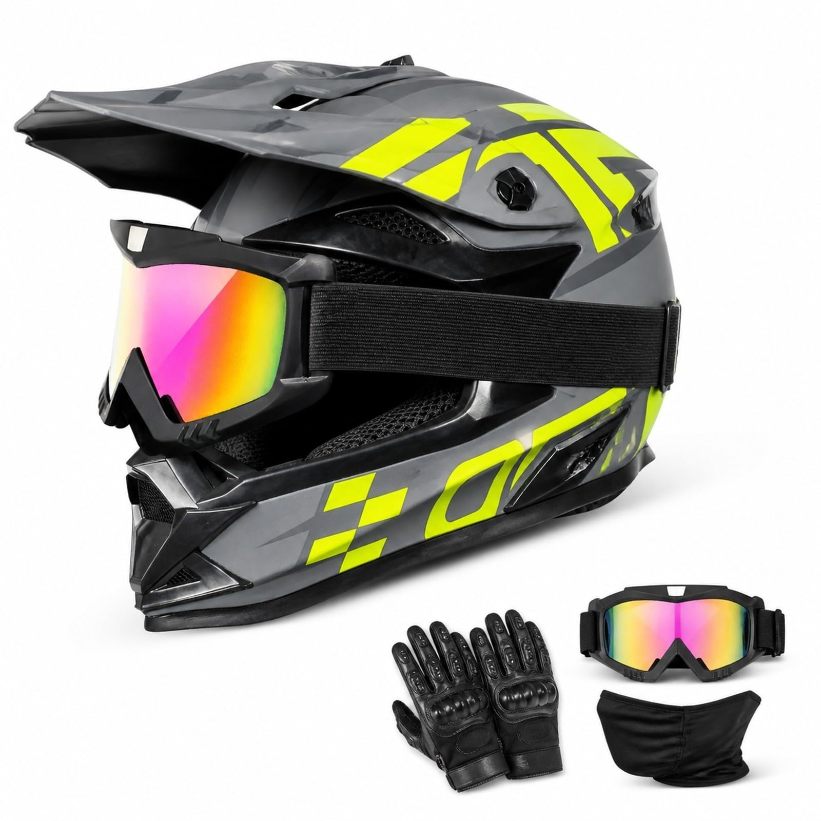 Casco Cross nero opaco e giallo neon con Occhiali e Guanti