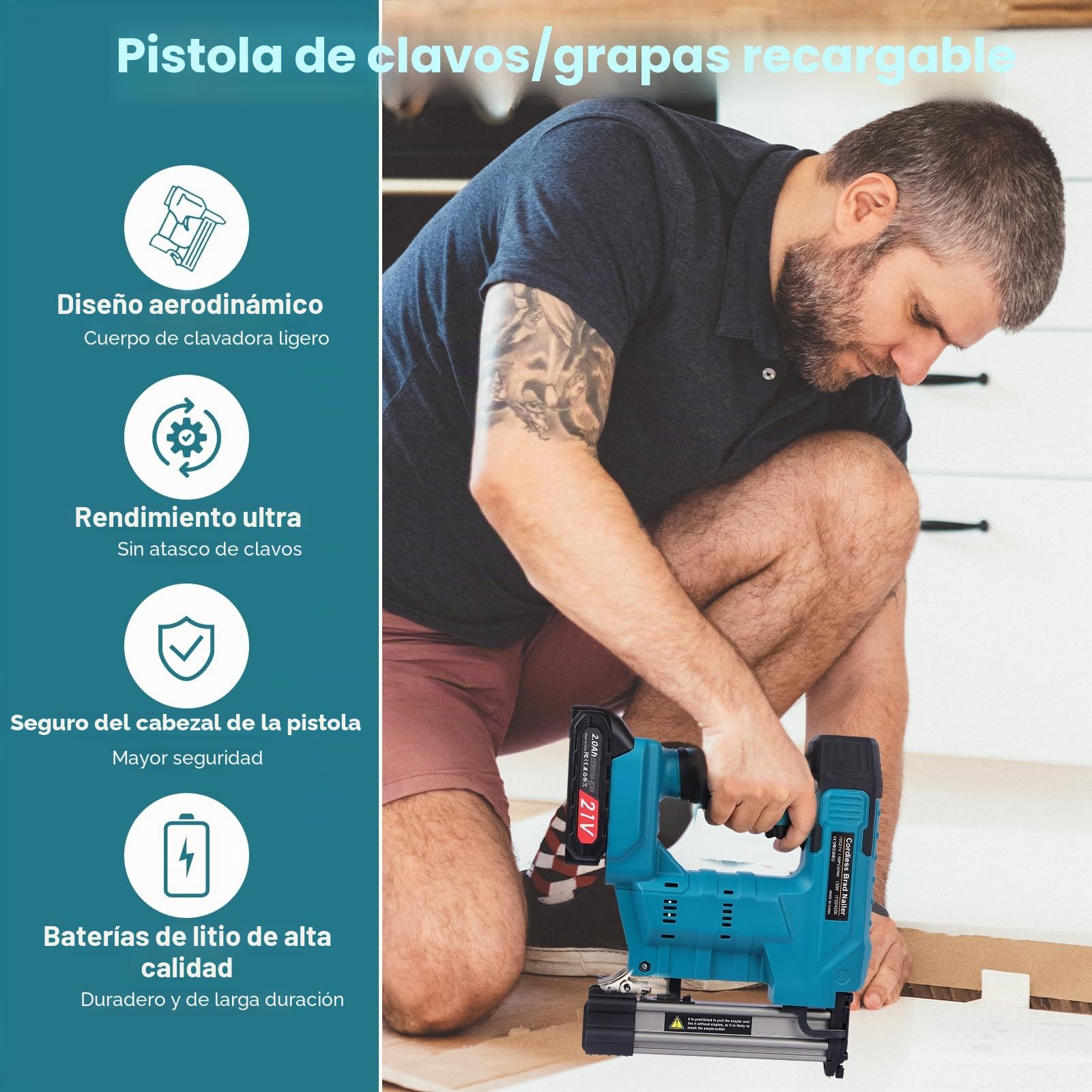 18GA 2 en 1 clavadora inalámbrica y pistola grapadora, pistola de clavos alimentada por batería con 2000 clavos y grapas, soporta clavos Brad F32 y grapas 425K, para molduras, muebles y carpintería de