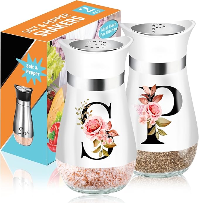 Salt and Pepper Shakers Set, 4 oz White Kitchen Accessories, Stainless Steel & Glass Spice Dispenser Classic, Refillable Design, Farmhouse Salt Pepper Shakers Cute Kitchen Decoration (White)