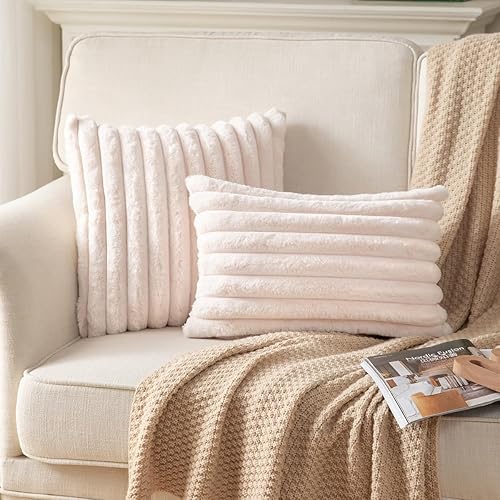 Miniatura 2 de DEELAND Paquete de 2 fundas decorativas de dos caras afelpadas y mullidas de pelo sintético para cojín, diseño a rayas para sofá, sillón o