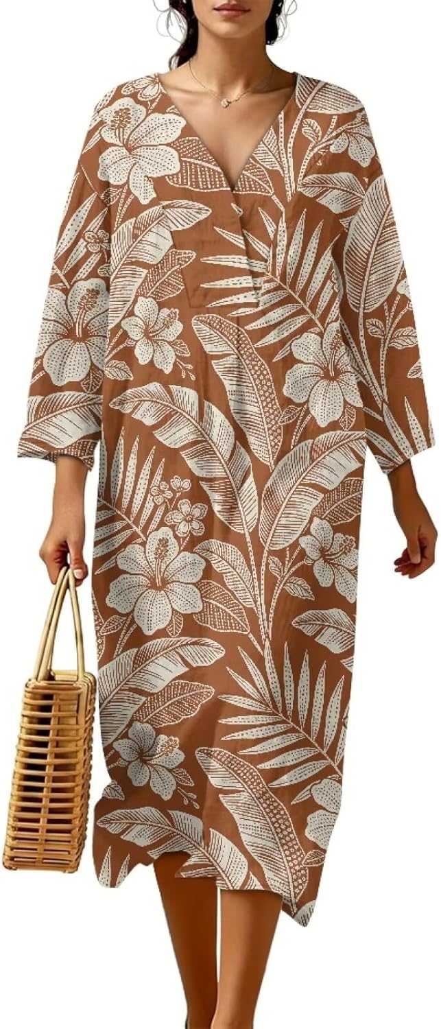 Linen-Like Dresses for Women,Casual Loose Dress,Summer Long Sleeve V-Neck Sundresses for Outings,Seaside Trips