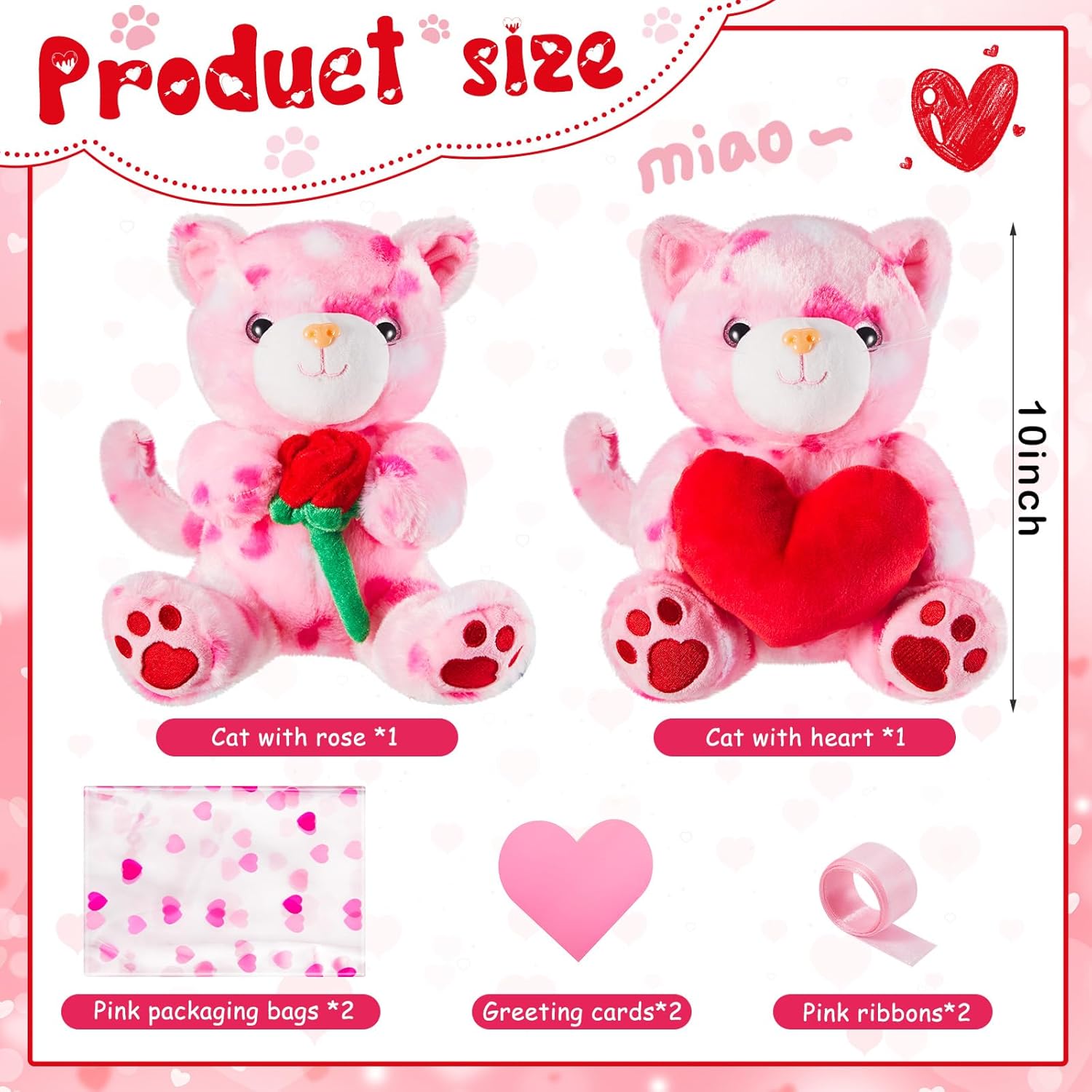 Shappy 2 Sets Large Valentine Stuffed Animals for Kids Valentines Day Plush Toys with Heart and Rose,Cute Soft Stuffed Animal Toys Classroom Supplies Exchange Gifts(Cat)