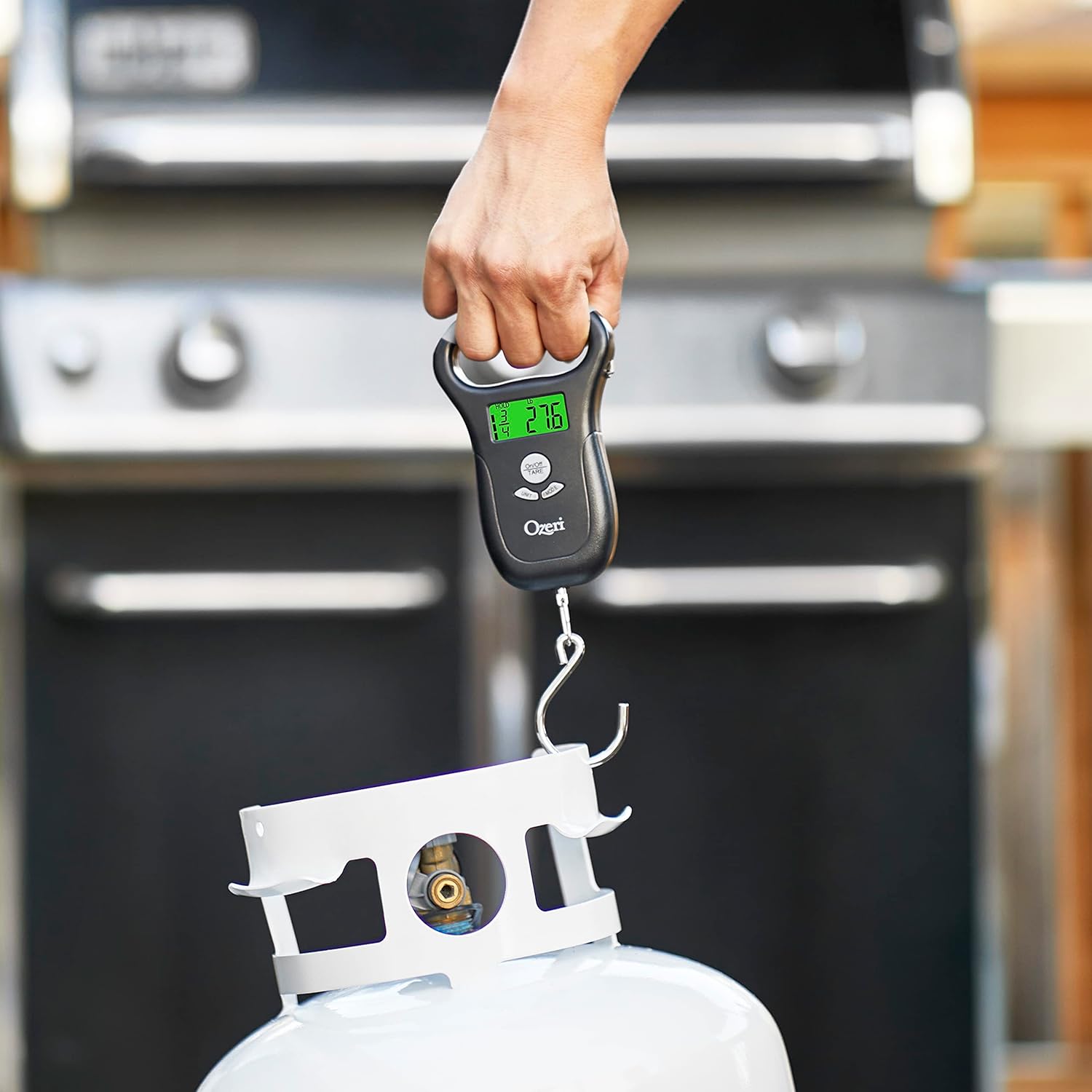 Ozeri LS2 scale showing green display for full propane tank