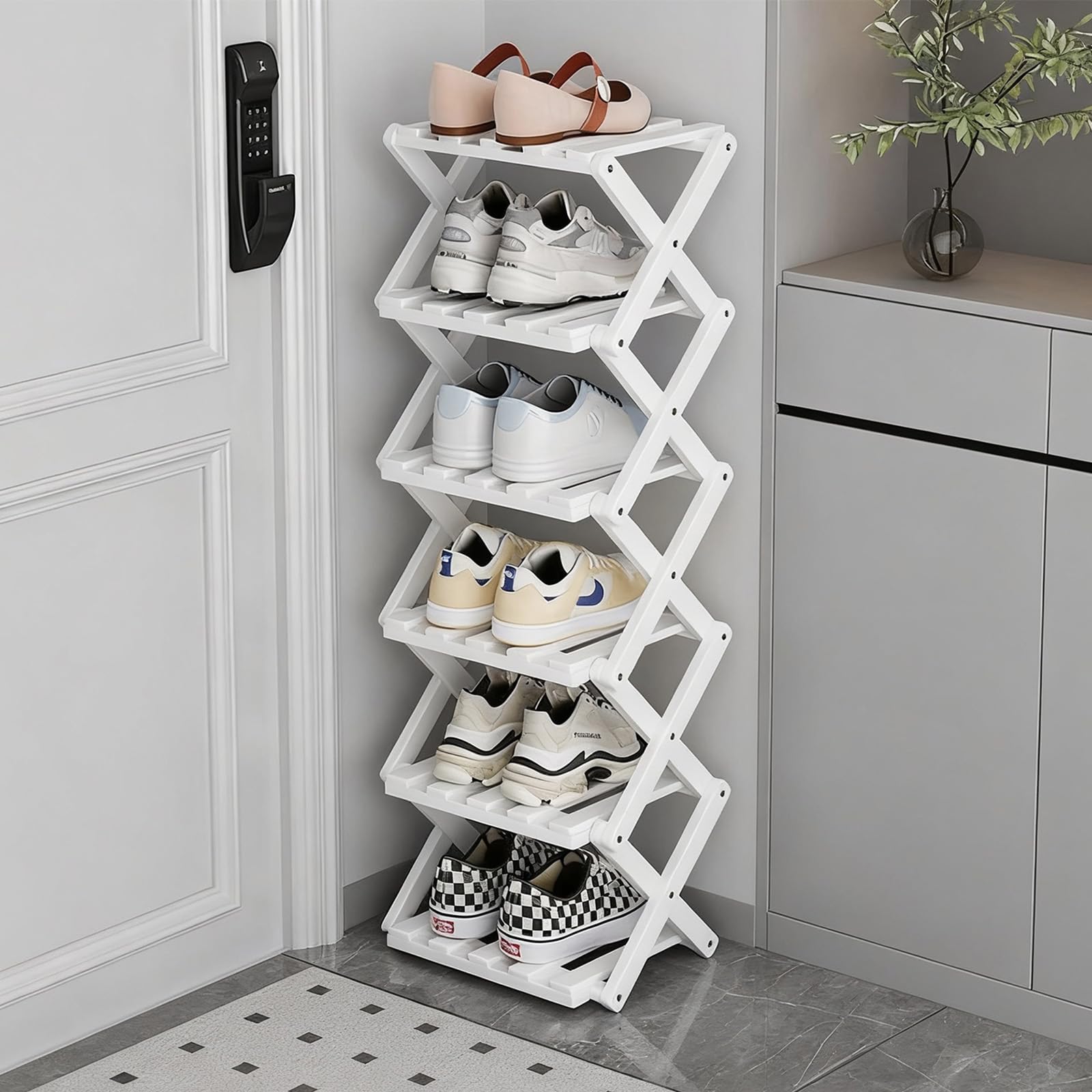GIRYES Small Shoe Rack White, 6 Tier Bamboo Foldable Shoes Organizer Free Standing Shelf for Entryway, Bedrooms, Closet, Living Room Corner | No Installation Required