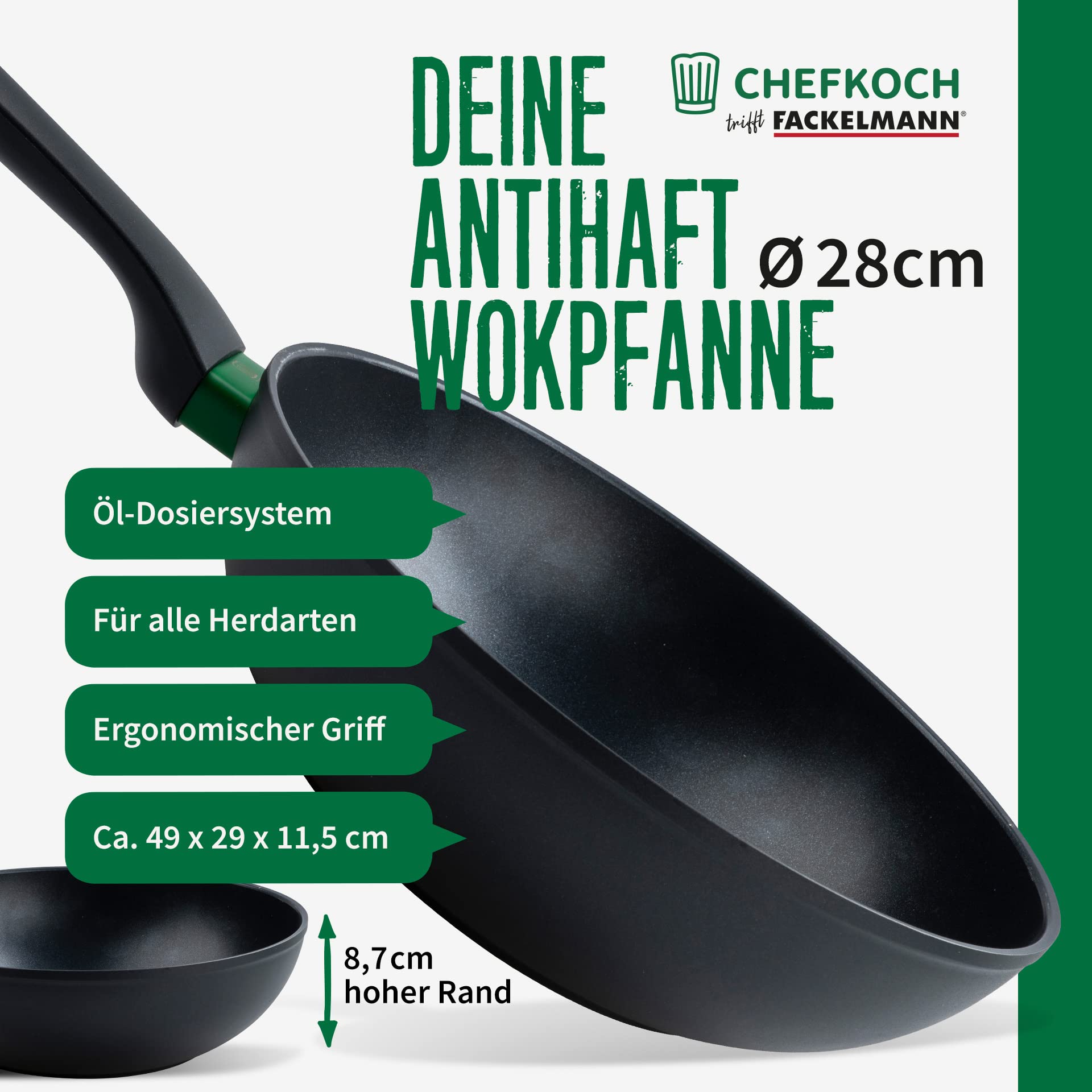 Chefkoch Wokpfanne Ø28 cm Hamburg mit Antihaft-Beschichtung – Wok aus Aluminium: Extra leicht – Für alle Herdarten geeignet (auch Induktion)
