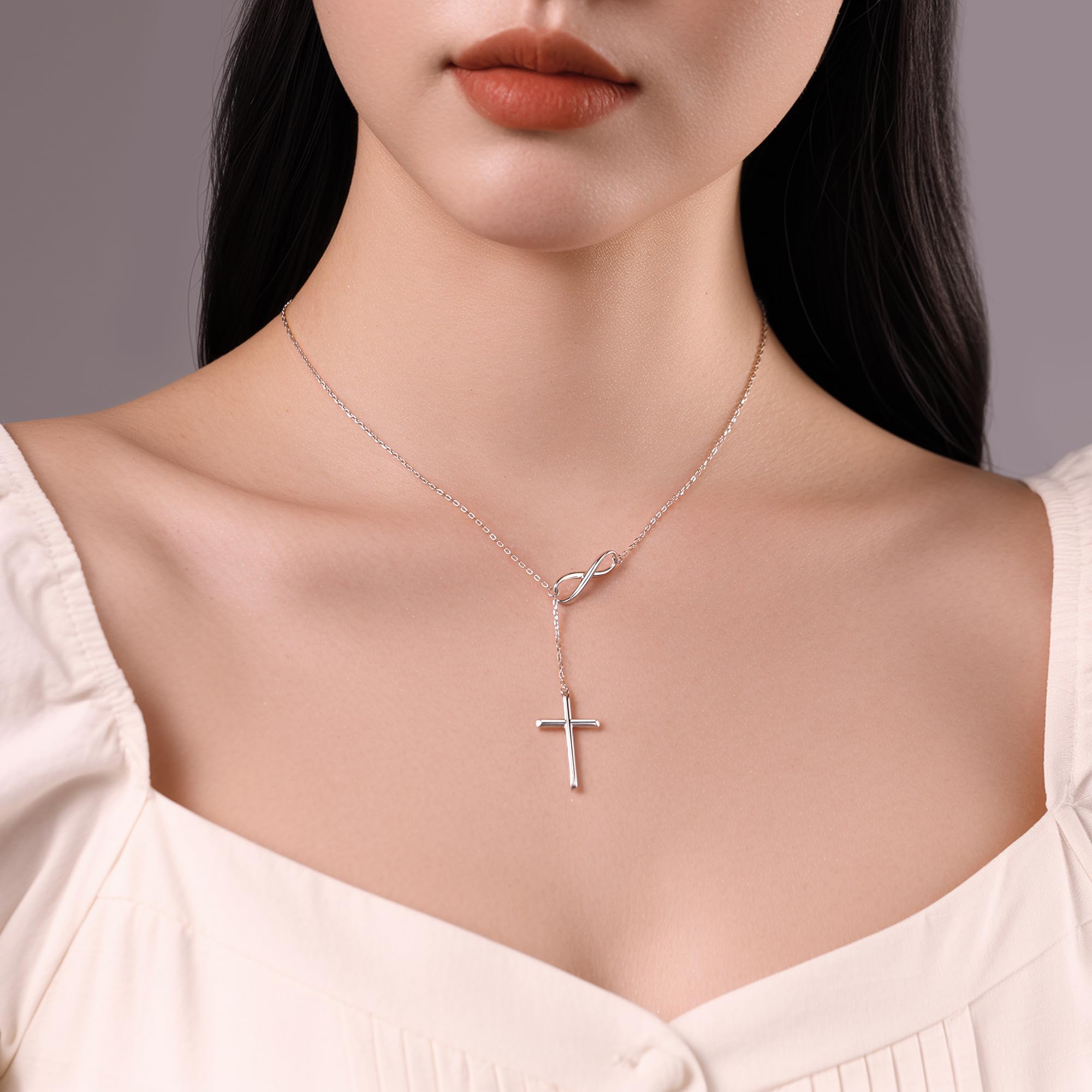 Collares de plata de ley 925 con cruz infinita para mujer, colgantes de cruz, 3 estilos de colores, joyería religiosa con cadena ajustable, idea de regalo superior, Plata esterlina 3