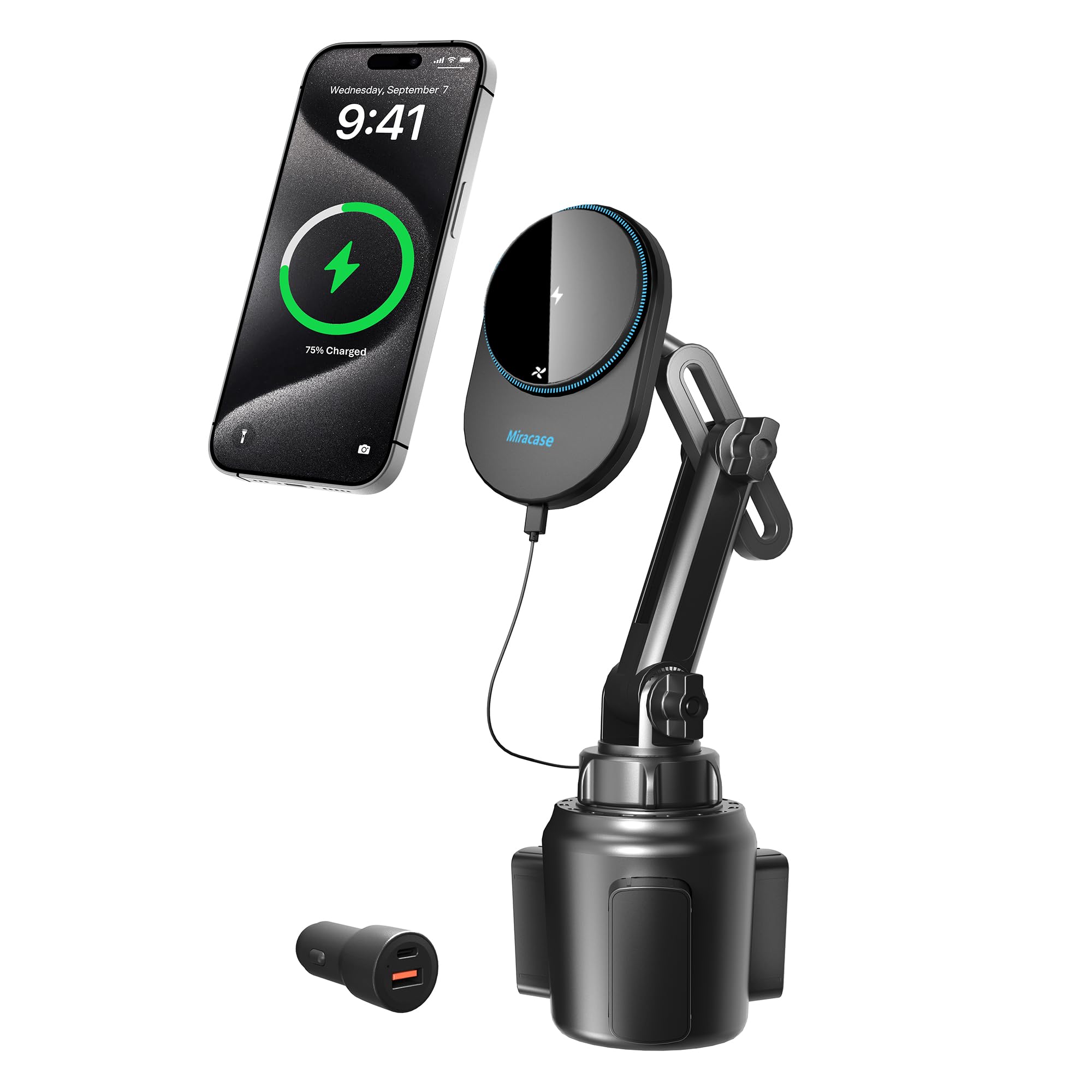 Miracase for Magsafe Car Mount Charger 15W Fast Charging Cup Holder Phone Holder Wireless Magnetic Charger with Heat