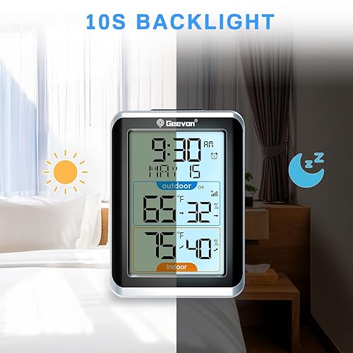 Miniatura 3 de Geevon Termómetro e higrómetro inalámbrico para interiores y exteriores, sensor digital de temperatura y humedad con tiempo, reloj, rango de 200