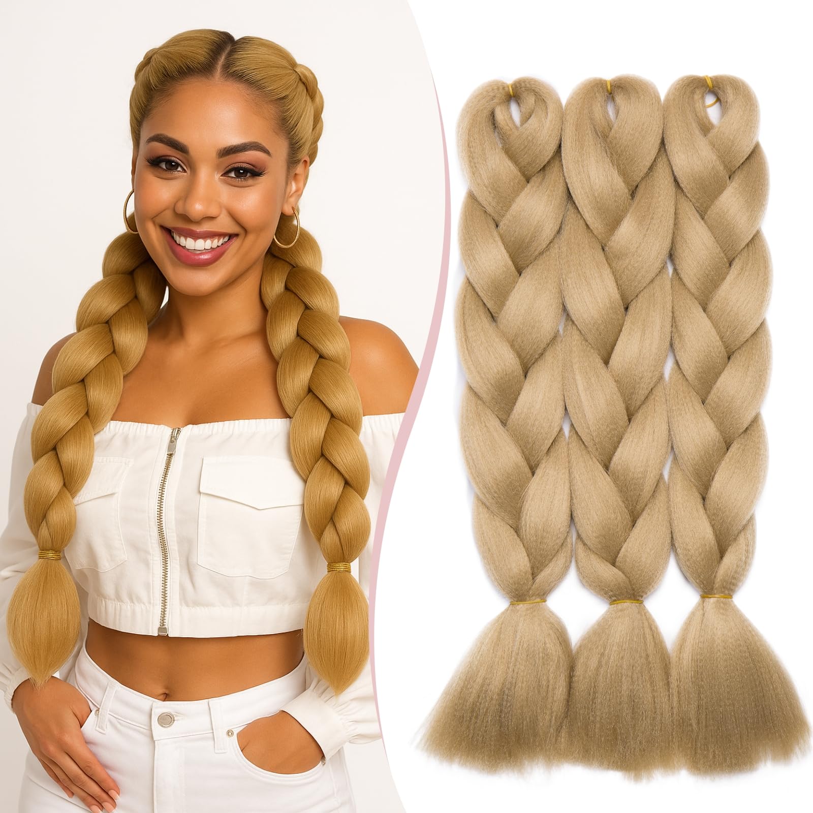 SEGO Pro Braiding Hair Extensions 24 Inch Yaki Synthetic Jumbo Box Braid Hair for Crochet Twist Braids for Women Pack of 3 (Blonde)