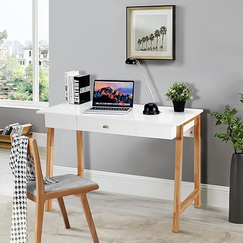 Miniatura 9 de COSTWAY Escritorio para computadora de 42 pulgadas con cajón de almacenamiento, moderna mesa de estudio de escritura en casa con patas de madera de