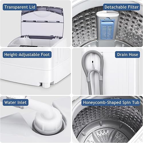 Miniatura 6 de RELAX4LIFE Lavadora completamente automática, lavadora compacta de 12 libras de capacidad con 10 programas, 8 niveles de agua, pantalla LED y bomba