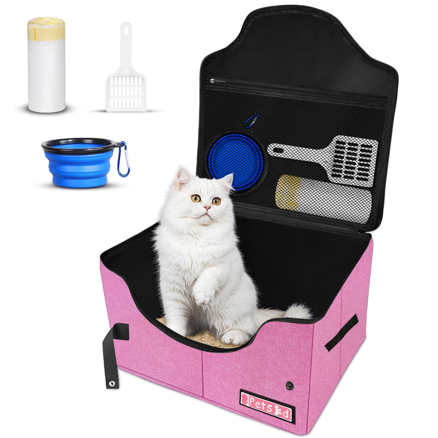 Petskd High Sides Portable Travel Litter Box for Cats with Lid, Pink