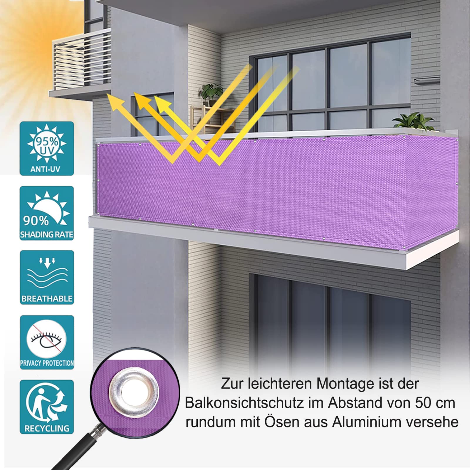 AEREY Balkonabdeckung 105x750cm – Wasserabweisender Sichtschutz Mit Ösen Und Kordel, Anthrazit, Einfach Zu Montieren