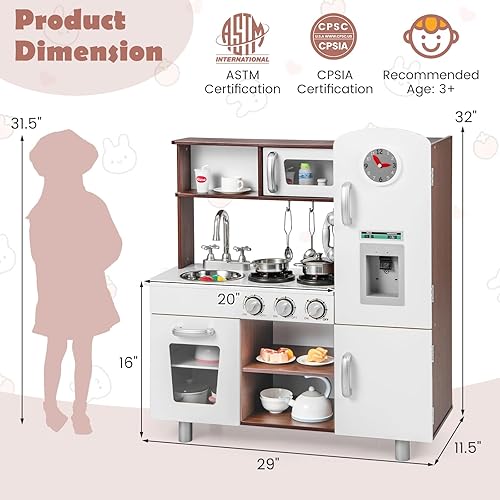 Miniatura 8 de Costzon Juego de cocina para niños, cocina de simulación para niños pequeños con utensilios, horno, gabinetes, grifo, fregadero, teléfono y
