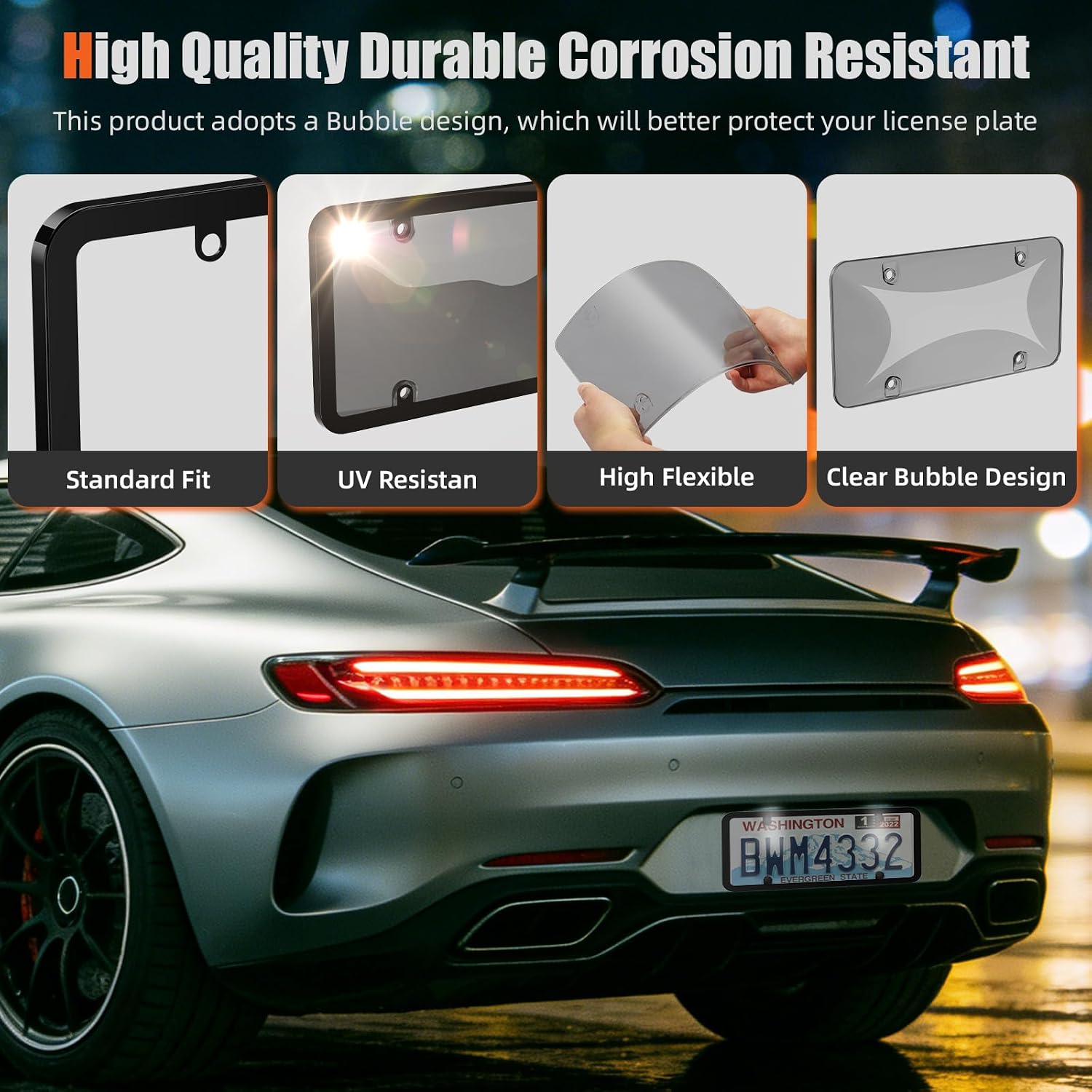 2 Pack License Plate Frame, Plastic Front/Rear Covers, Universal Fit, Rust/Weather/Rattle-Proof, Car Accessories for Women & Men