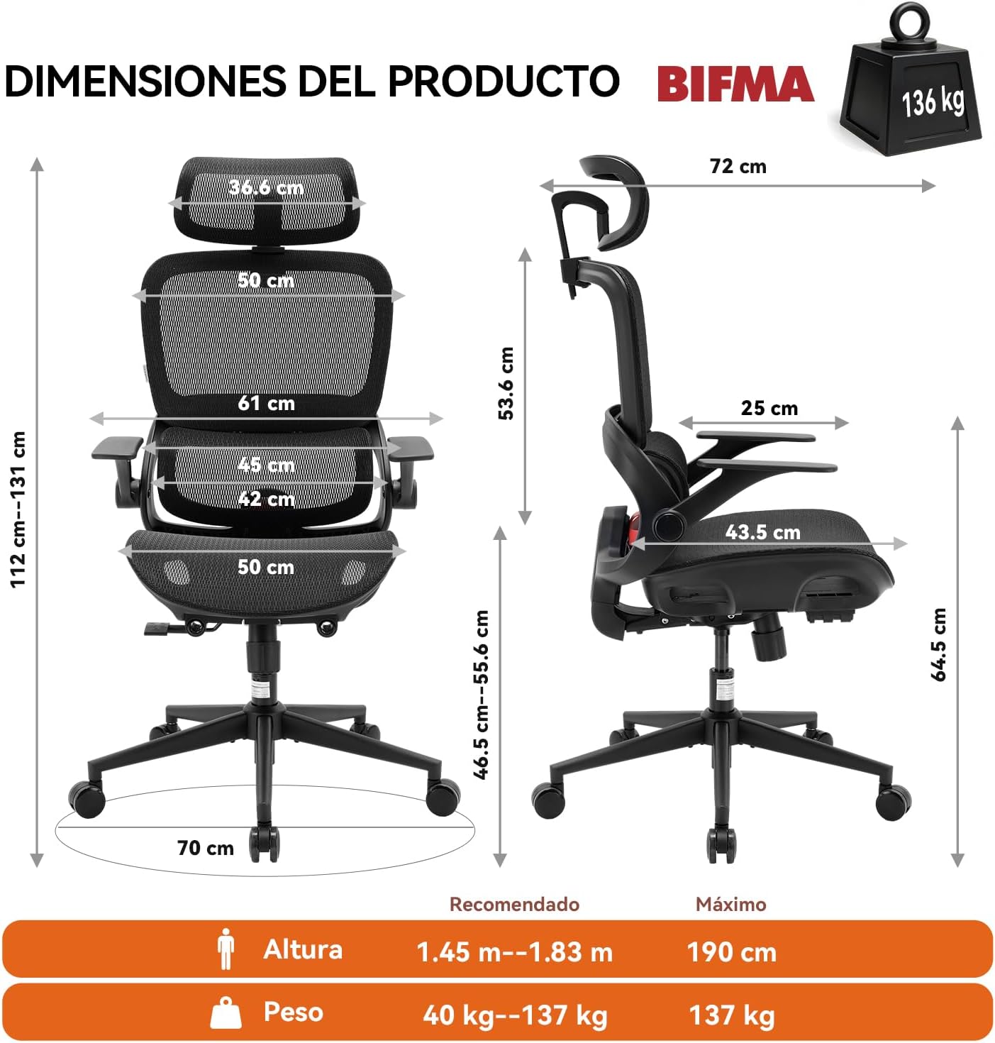 Detailed product dimensions of the SIHOO B100 chair, including height, width, depth, and weight capacity.