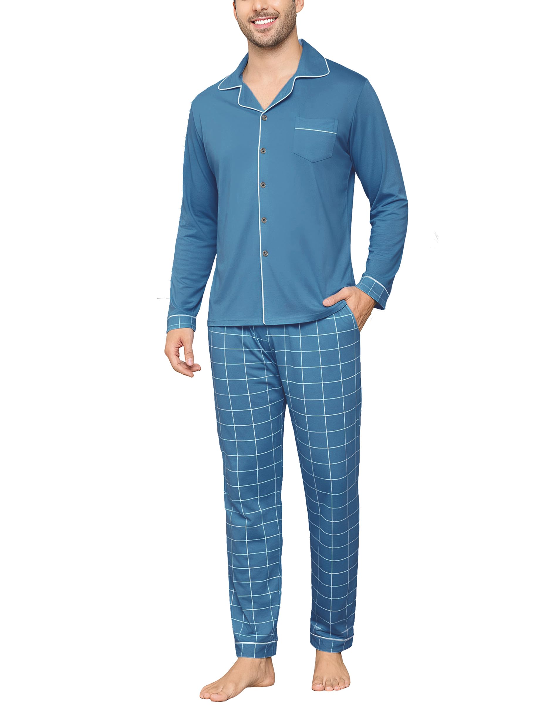 Bresdk Pigiama Uomo Cotone Lungo Invernale Manica Lunga con Bottoni Pigiami Due Pezzi Classico Aperto Davanti Caldo e Morbido