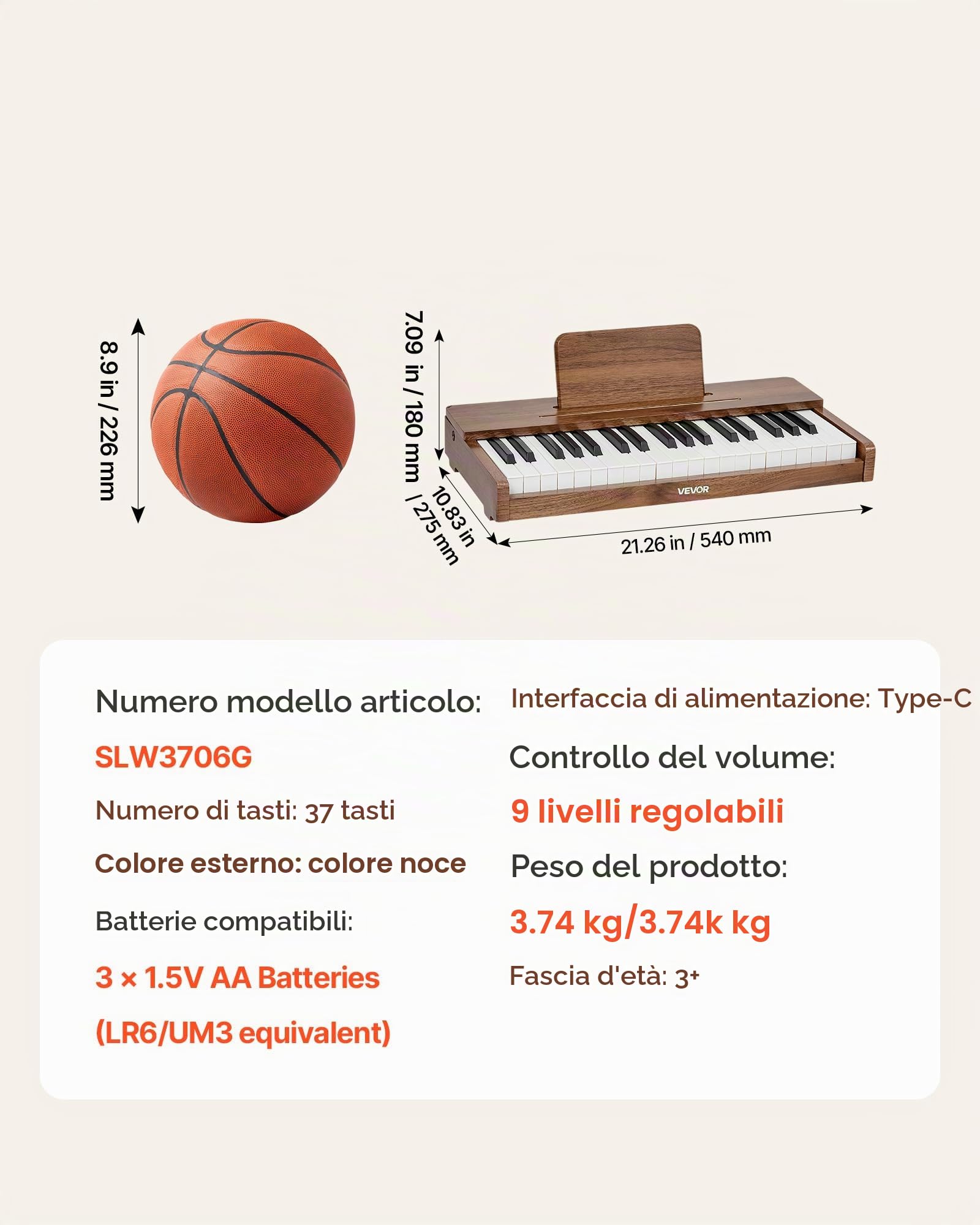 VEVOR Mini Strumento Musicale Giocattolo in Legno a 37 Tasti, Mini Strumento Musicale Giocattolo Educativo con Suono Realistico, Doppia Alimentazione, Volume Regolabile per Bambini Piccoli