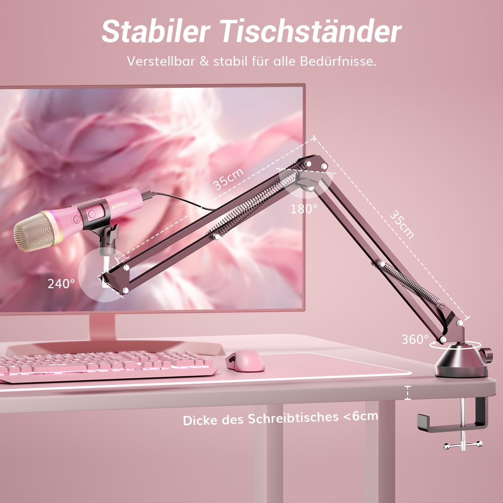 TONOR Dynamisches USB/Typ-C Mikrofon für PC, RGB Podcast Computer Gaming Mikro mit Arm Ständer für Aufnahme, Live, Streaming, YouTube, Gesang, Studio, Karaoke Microfon Quick Mute-Taste Rosa