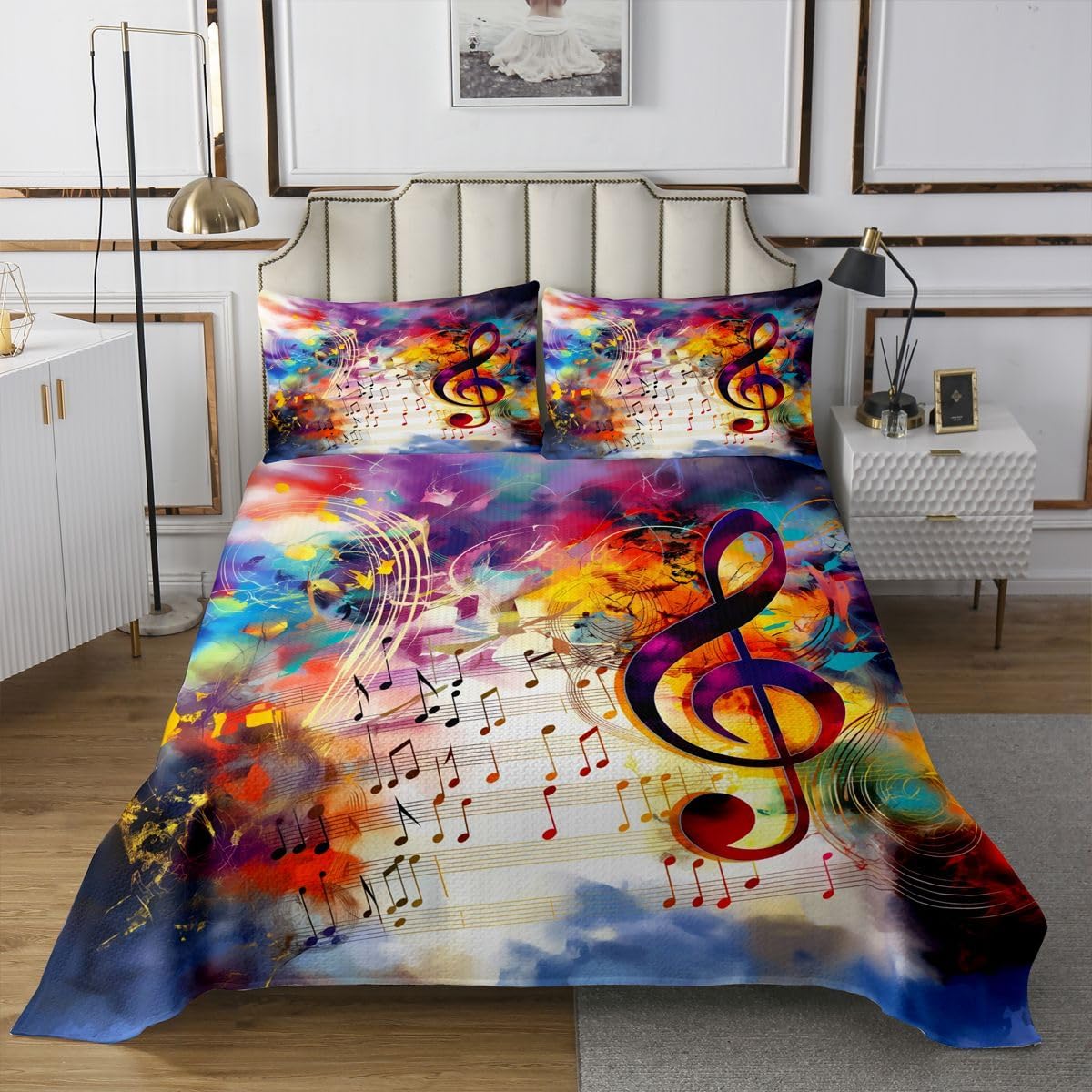 jejeloiu Guitar Bedspread Twin Size Rock Music Coverlet Set Geometric Quilted Coverlet for All Season with 1 Pillowcase Guitar Instruments Microfiber Lightweight