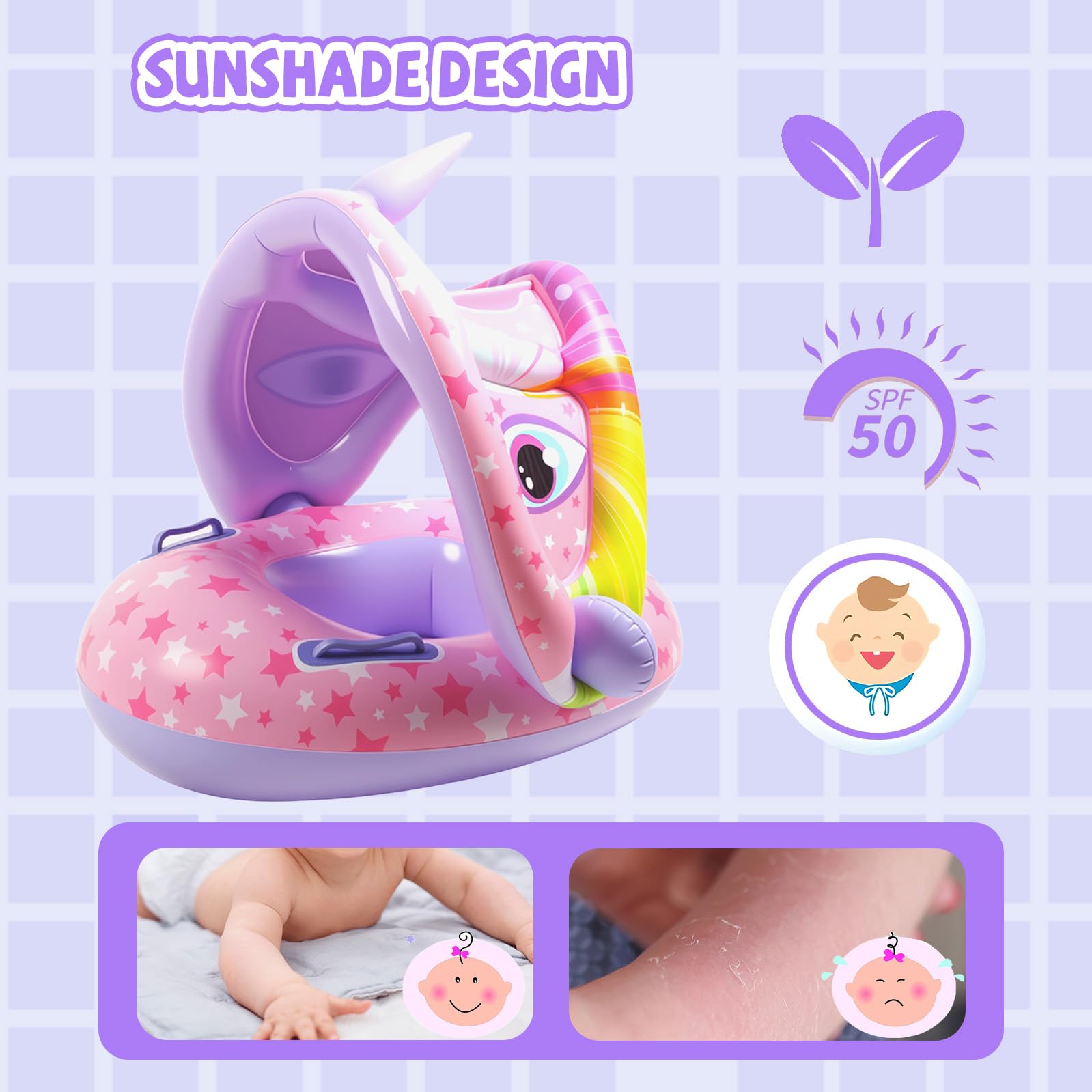 Salvagente Neonato con Parasole, Canotto Neonato con Parasole, Ciambella Mare, Gonfiabile Mare, Unicorno, Dinosauro per Piscine