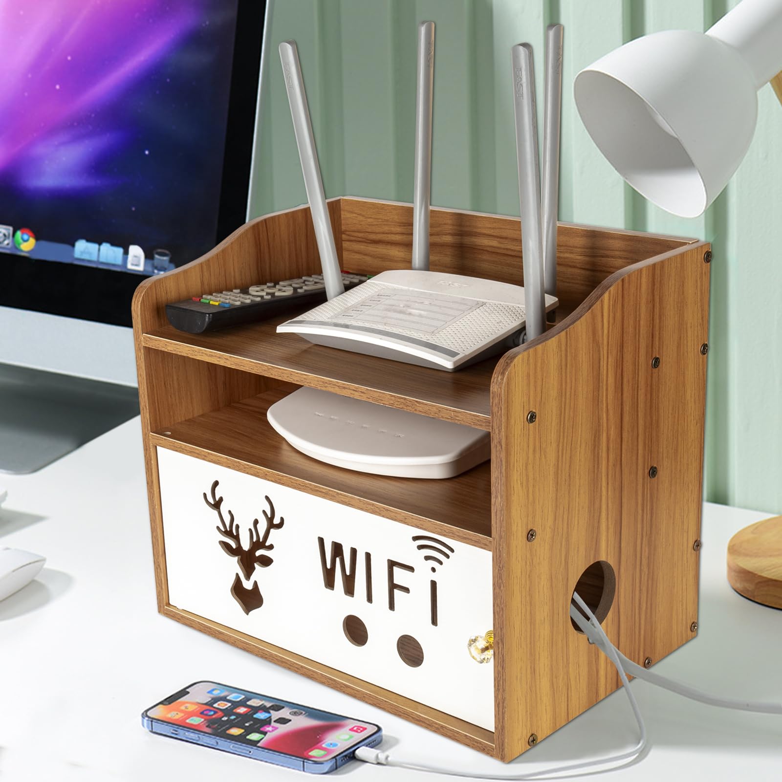 PPGE Home Mensola Router a Parete, Legno Scatola Router WiFi, Scatola di Immagazzinaggio per Nascondi Cavi TV, Decoder, Router etc Organizzatore Cavo Scatole Decorative Mensole da Muro E