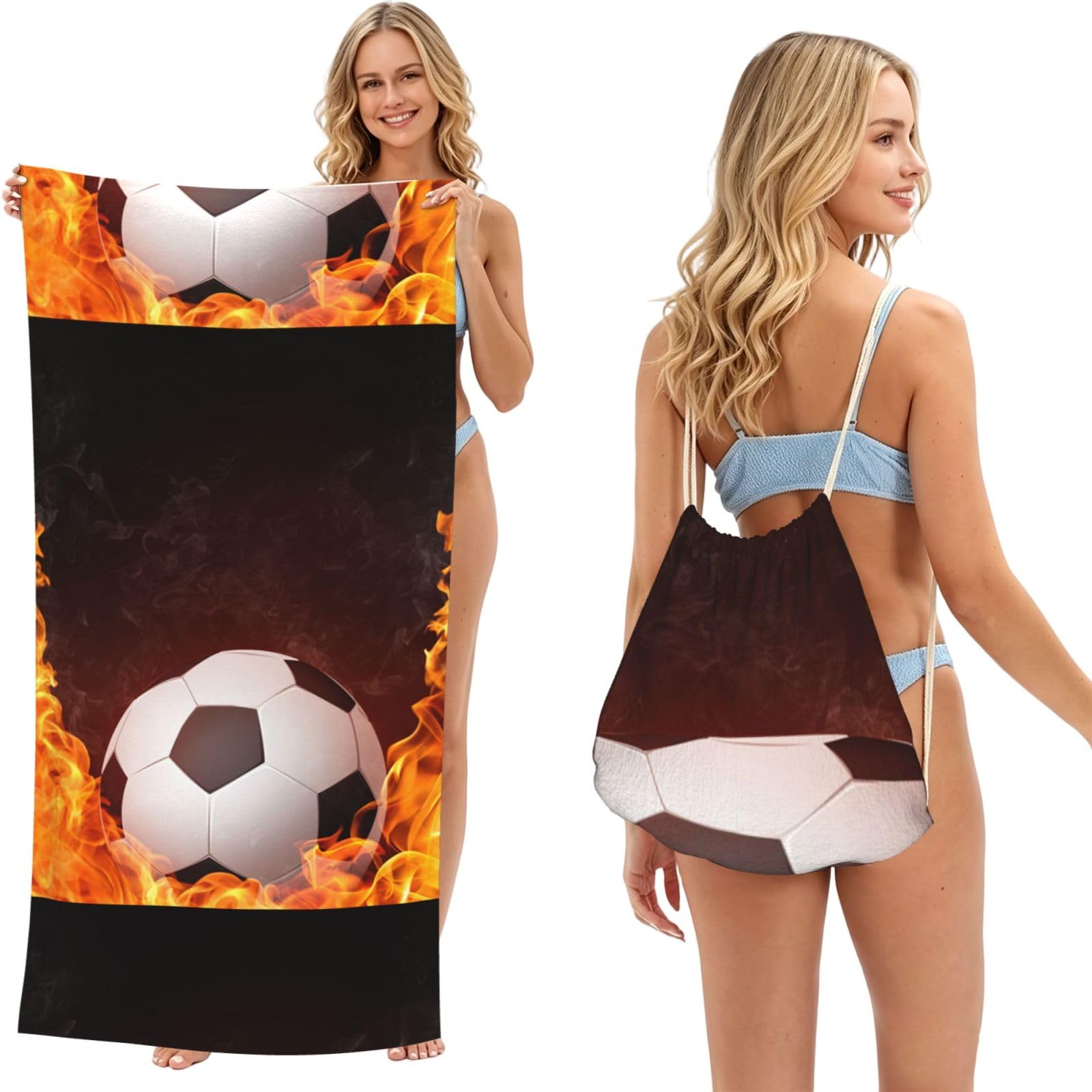 Poadnly As Picture Football In Fire, 2 In 1 Packable Towel Bag, Beach Towels With Drawstring Backpack For Travel Holiday Camping