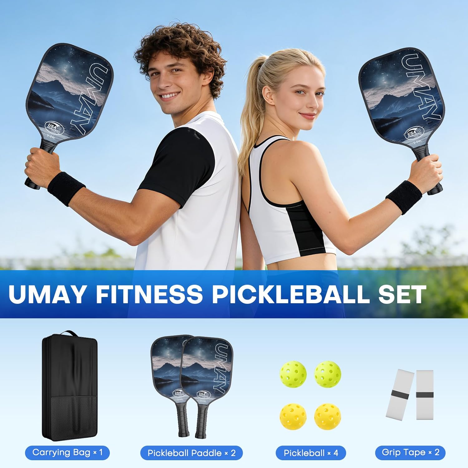 Pickleball Paddles Set of 2, USAPA Approved Fiberglass Surface Pickleball Paddle for Soft Feel & Control, Lightweight Power Rackets Set with 4 Indoor & Outdoor Balls, 2 Overgrips and a Carrying Case - Image 7
