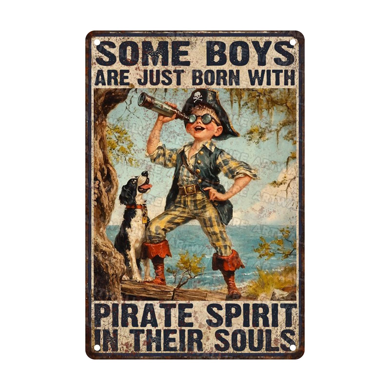 Boy and Dog Vintage Sign Some Boys Are Just Born With Pirate Spirit Metal Sign for Home Man Cave Bar Cafe Kitchen Wall Decor 8x12inch