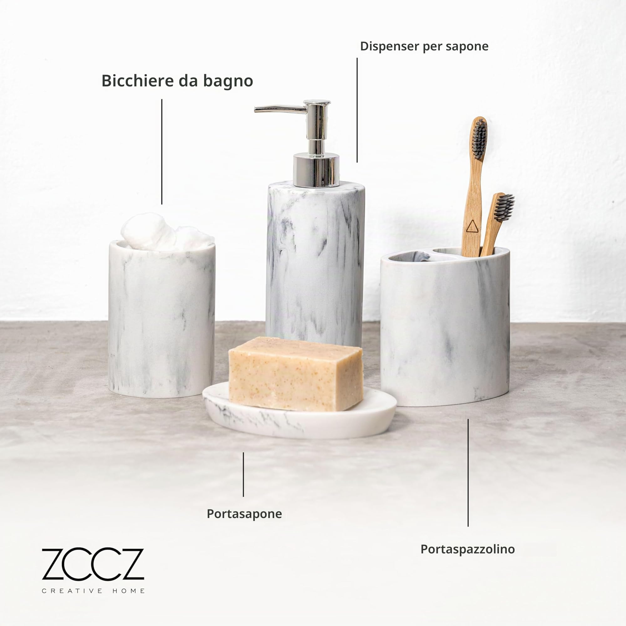 ZCCZ Set di accessori da bagno 4 pezzi, accessori decorativi per il bagno con dispenser di sapone, portaspazzolino, bicchiere da bagno, portasapone, effetto marmo, set di accessori da bagno bianco