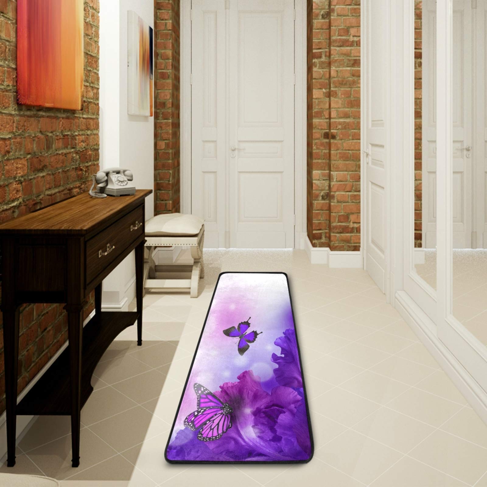 Butterfly Purple Flowers Kitchen Rugs Runner Rug 2' x 6' Bathroom Carpets Non-Slip Soft Doormats Bath Carpet Runner Area Mat Rug for Hallway Entry