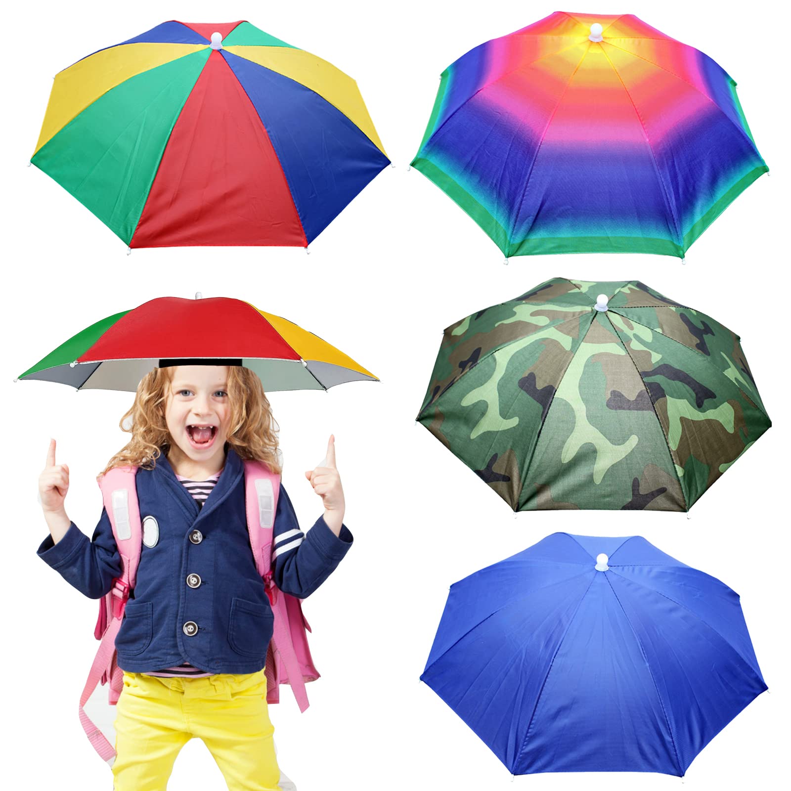 MUFEKUM4 Pack Umbrella Hats, 20.5" Hands-Free Head Umbrella Hats for Kids, Folding Waterproof Umbrella Cap With Head Strap for Outdoor Party Fishing Sun Rain Beach Golf Hiking