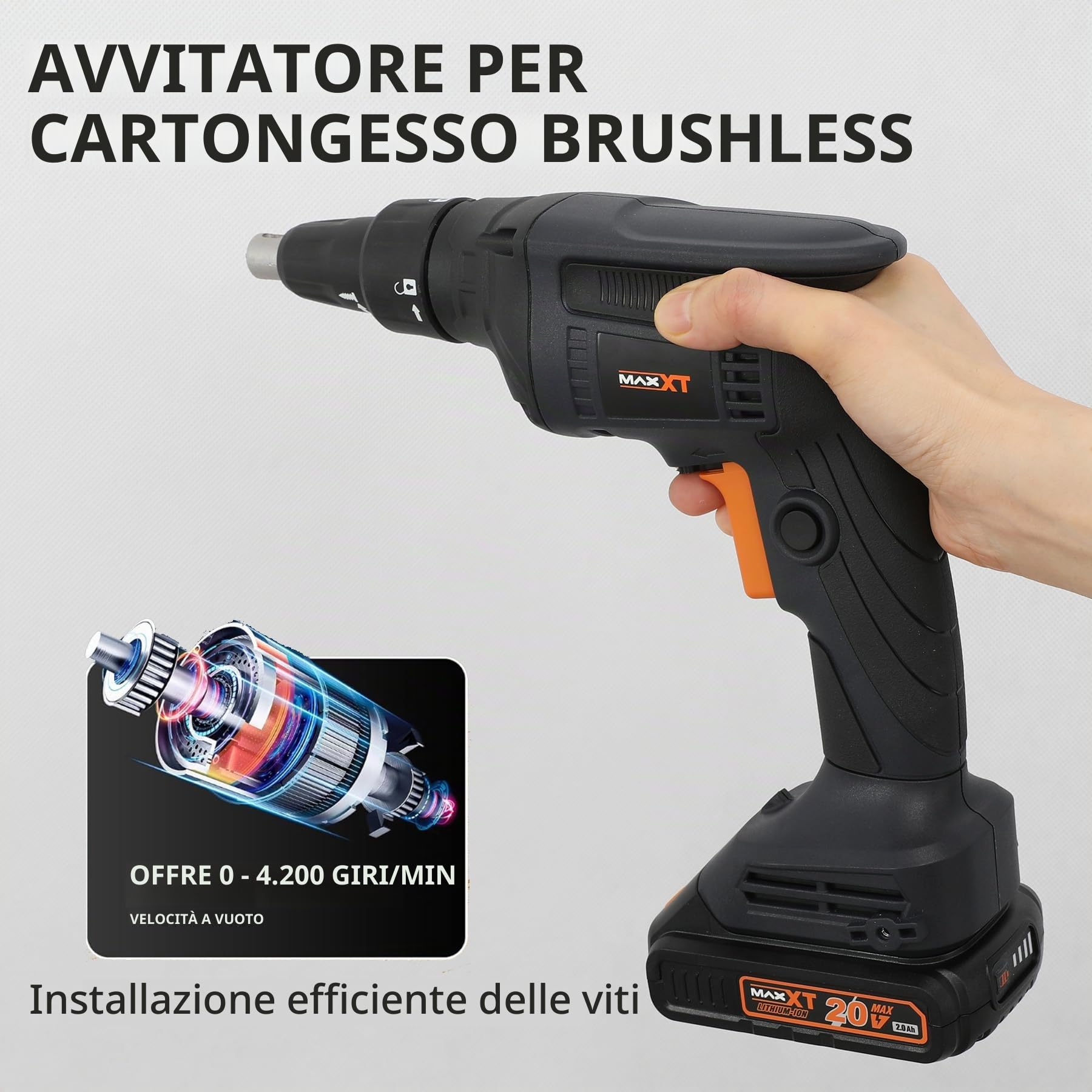 Avvitatore per Cartongesso a Batteria 20V, MAXXT Cordless Screwdriver Drywall Sans Fil Senza Spazzole 4200RPM con Batteria 2.0Ah